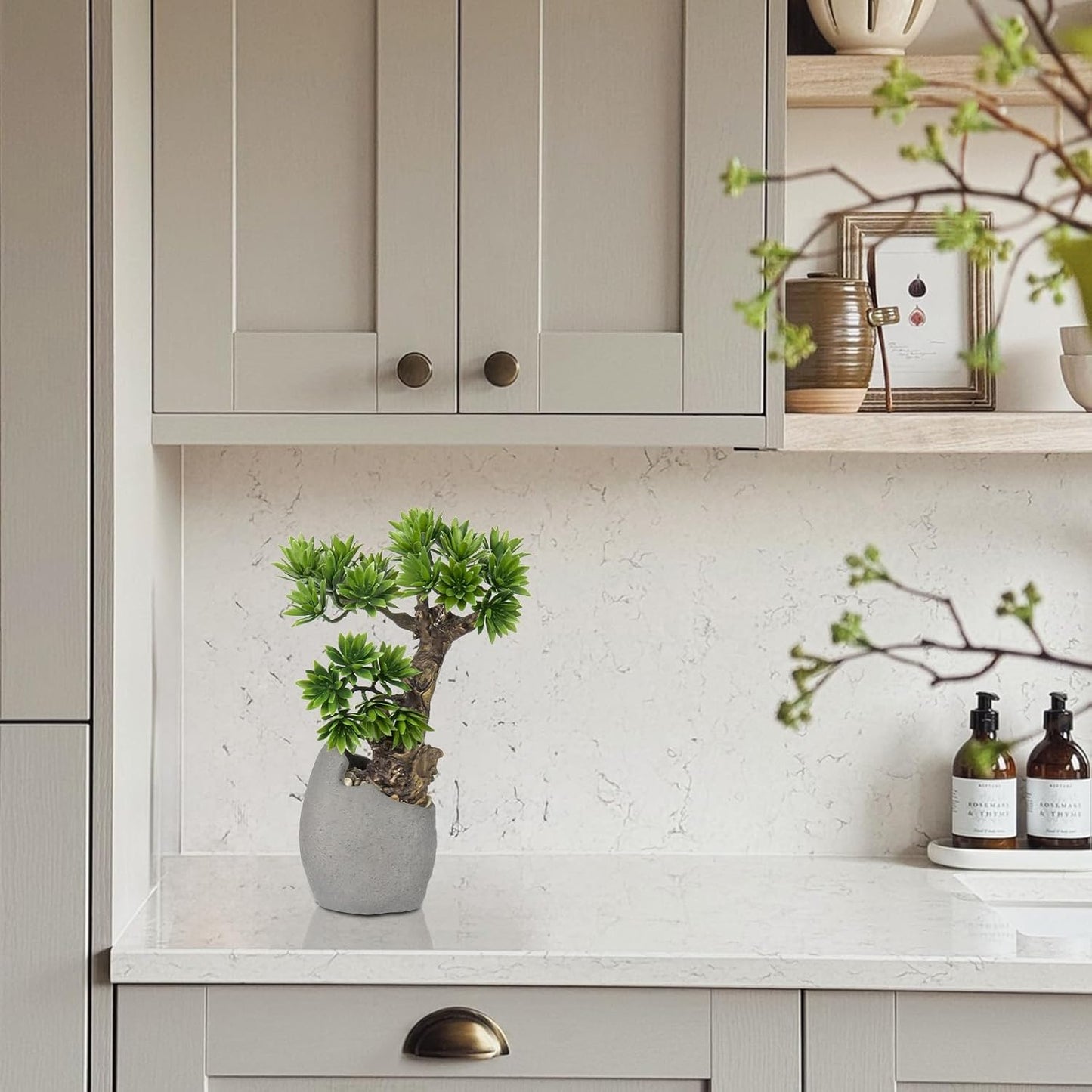 Fake Bonsai Tree Bonsai Plant 13.8” Tall Artificial Bonsai Trees with Cemant Pot Decorated with Pebbles Desk Plant Indoor Bonsai for Home Office Decor