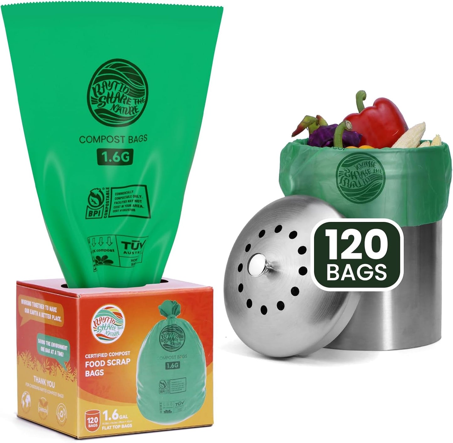 RAYTID 120 Counts 1.6 Gallon (1.6-1.75-2 Gal) Compost bin kitchen Bags, Strong compost bags for countertop bin, Fit 4.5,6,7,8 Liters.ASTM D6400, US BPI and Europe OK compost HOME certified