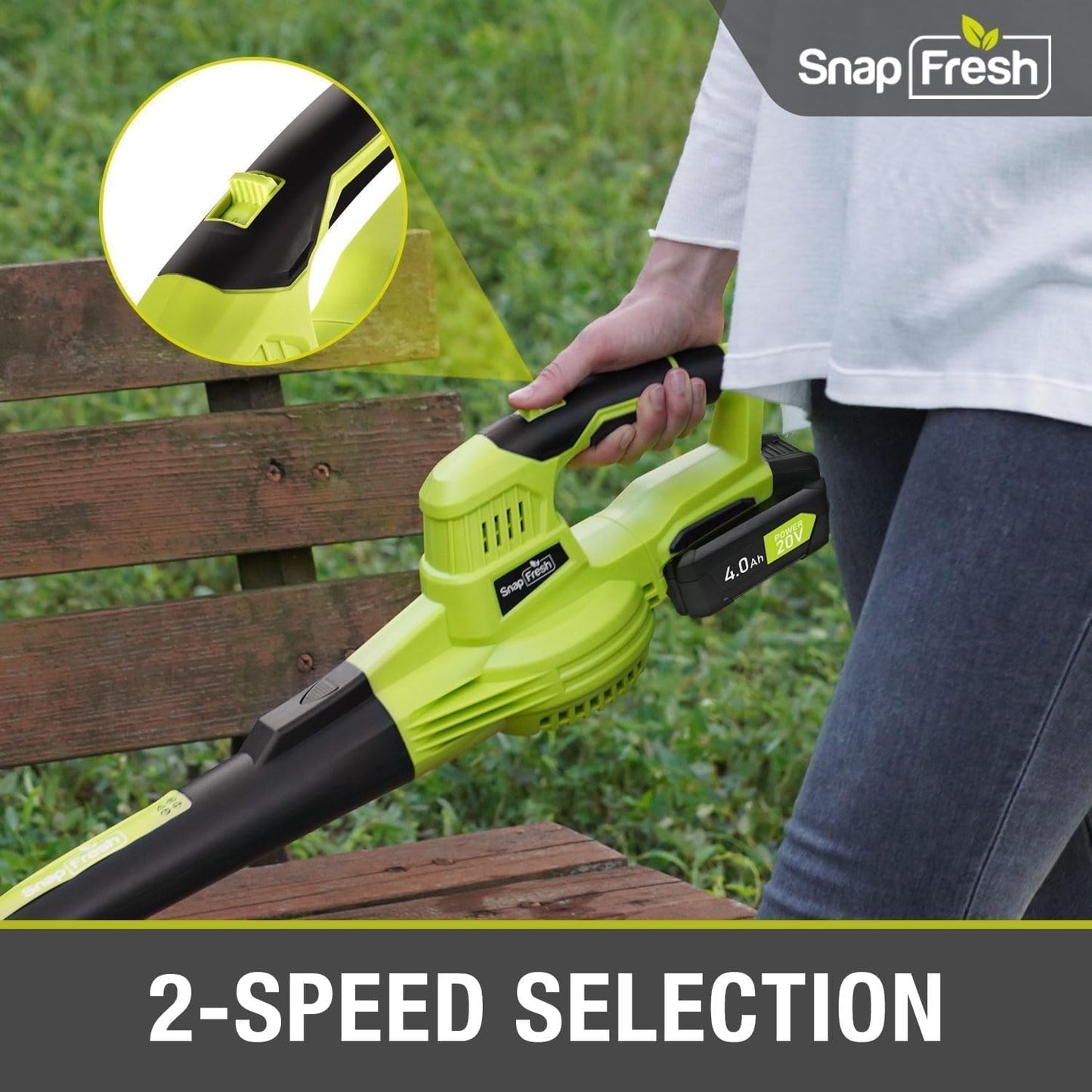 SnapFresh Cordless Leaf Blower, 20V Electric Leaf Blower with 4.0Ah Battery & Fast Charger, 2-Speed Lightweight Battery Leaf Blower for Lawn Care/Patio/Yard/Sidewalk