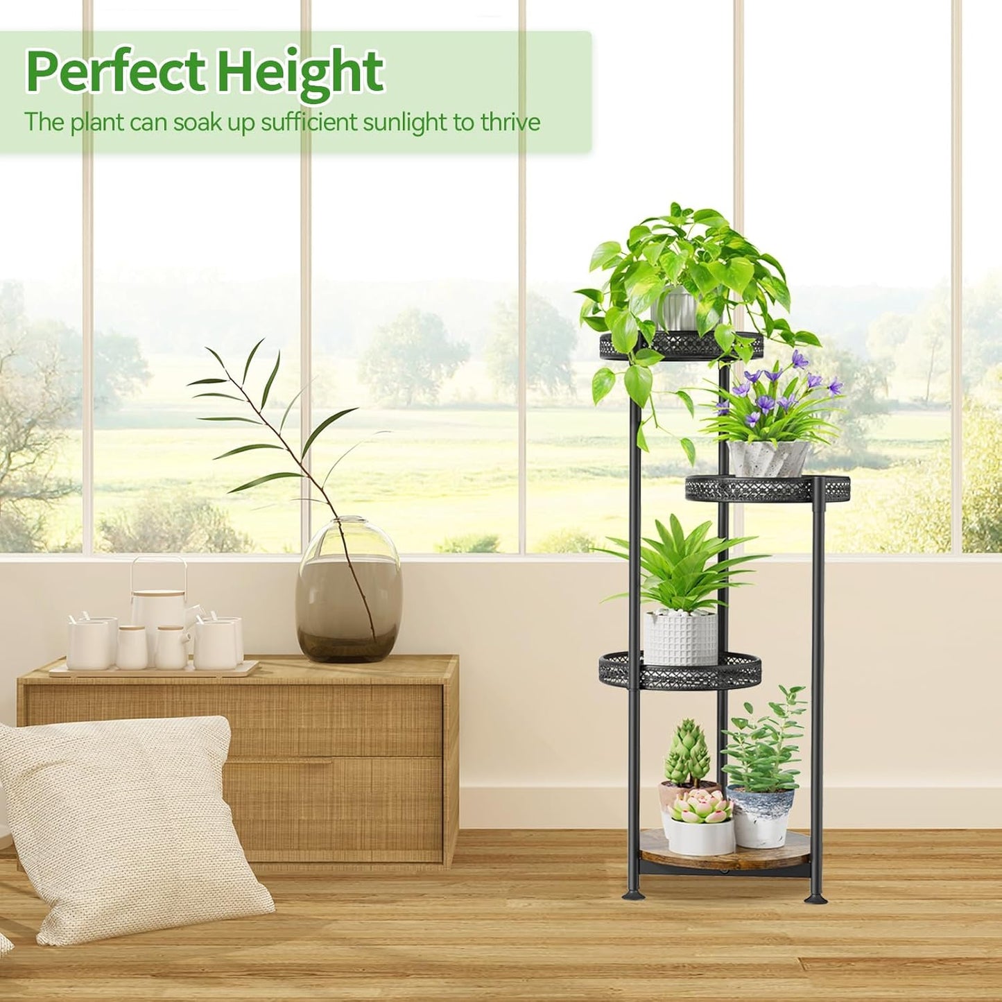 4 Tier Plant Stand Indoor Outdoor, Metal Flower Pot Shelf Holder Clearance, Tall Corner Rack for Multiple Plants, Modern Organizer Display for Patio Orchid Office Porch Living Room Garden, Black