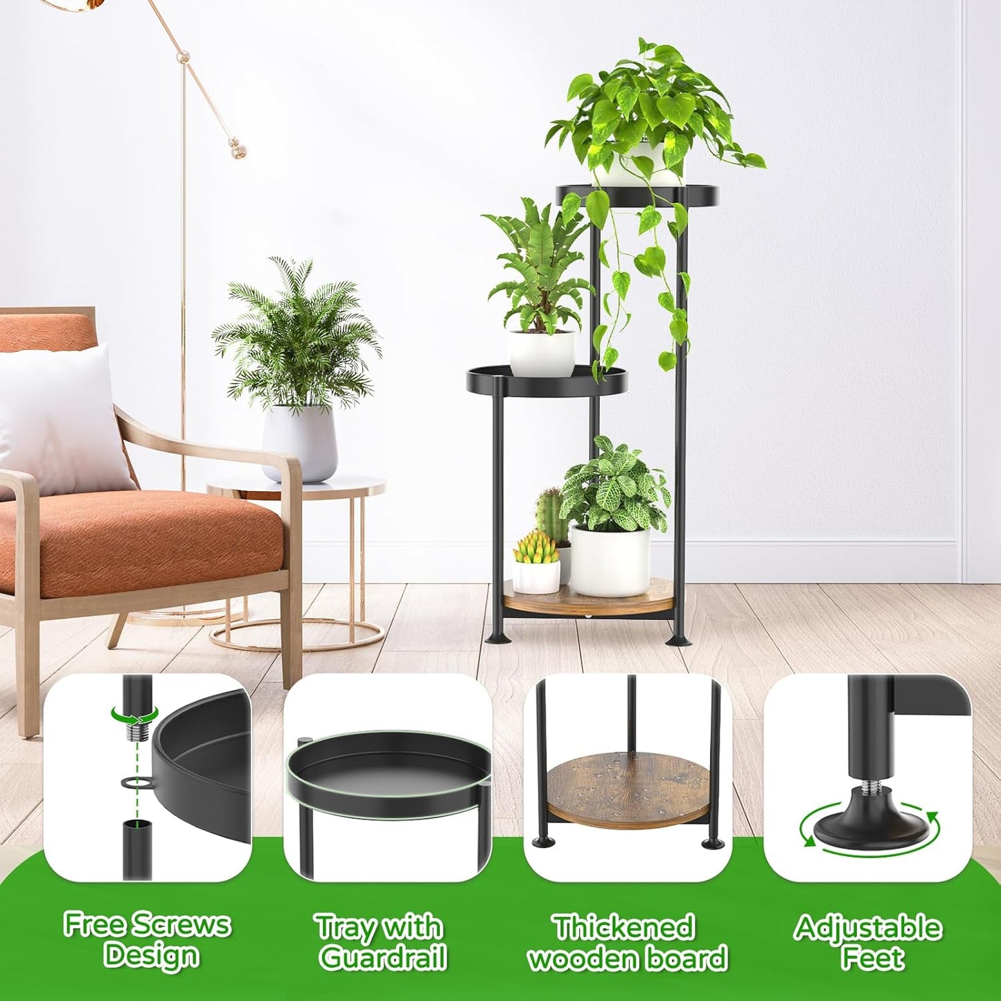 3 Tier Plant Stand Indoor Outdoor, Corner Tierd Metal Flower Shelf Pot Holder Clearance, Tall Multiple Plants Rack Narrow Display Organizer for Patio Orchid Office Porch Living Room Garden,Black