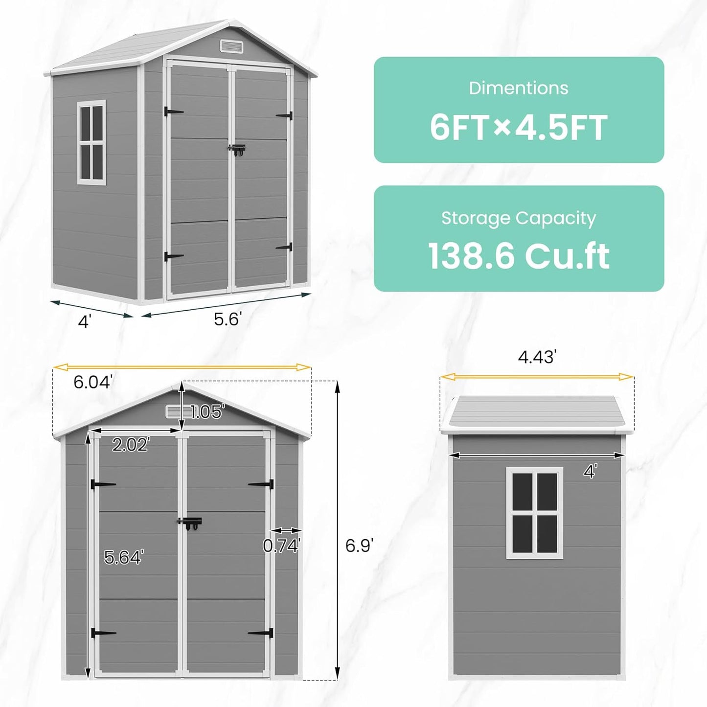 UDPATIO Outdoor Resin Storage Shed 6x4.5 FT, Plastic Garden Shed for Bike, Garbage Can, Tool, Outside Sheds with Lockable Door for Backyard, Patio, Lawn, Grey & White