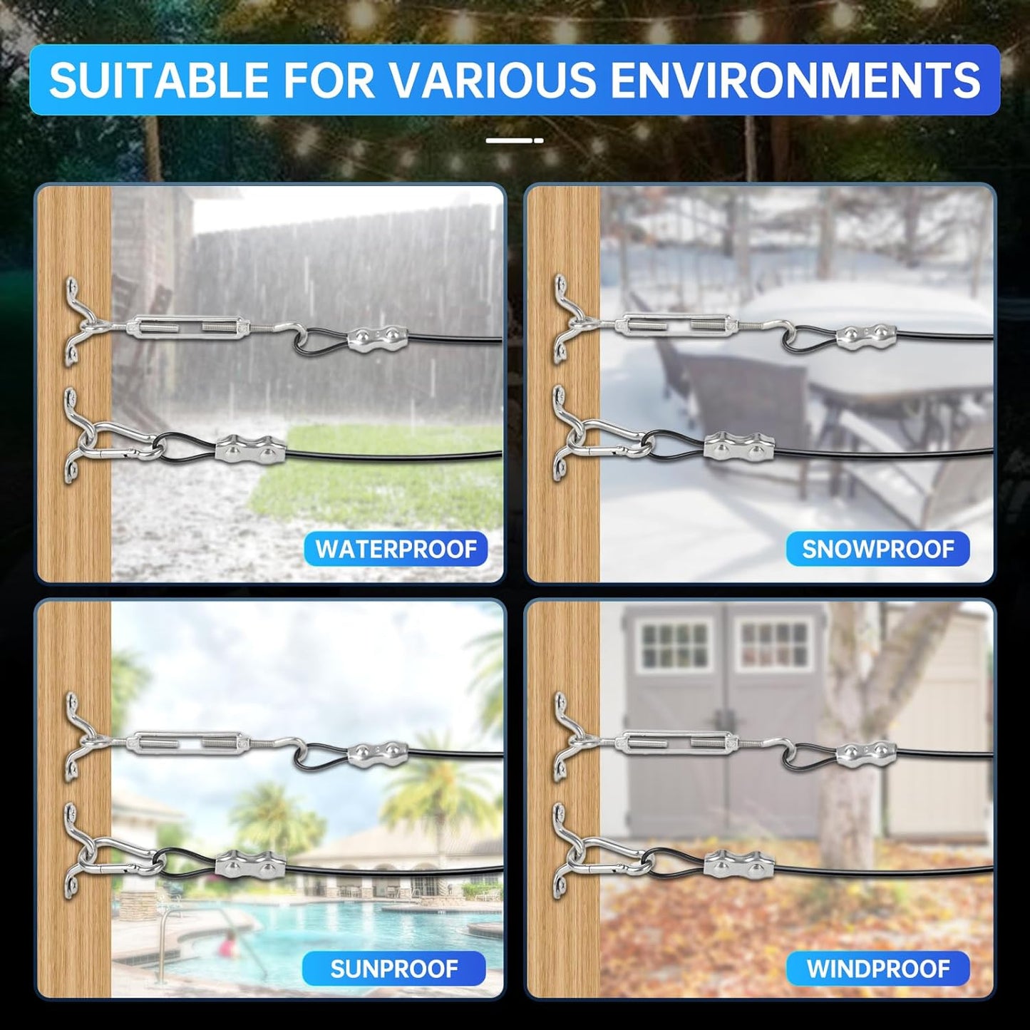 164FT Black Vinyl-Coated 304 Stainless Steel Cable – Heavy Duty String Lights Hanging Kit with Turnbuckle, Thimble & Hooks for Outdoor, Patio, Garden, Christmas Lights