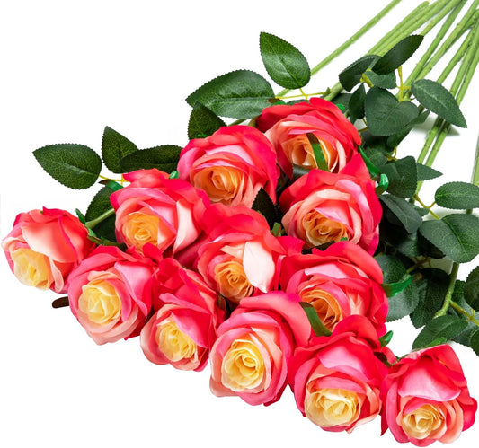 Hawesome 12PCS Artificial Silk Flowers Realistic Roses Bouquet Long Stem for Home Wedding Decoration Party (Gradient Dark Pink)