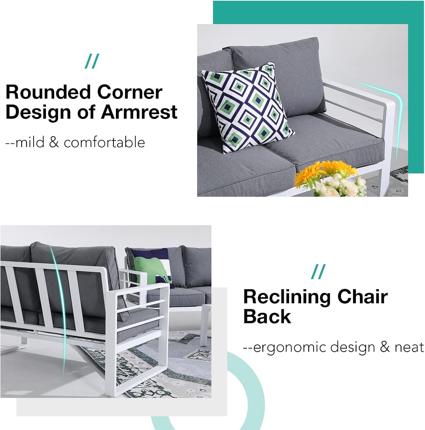 Patiorama Aluminum Patio Furniture Set, Outdoor Patio Loveseat, 2 Seat Sofa Couch, All Weather White Metal Chair with Olefin Cushion, Deep Seating, 600 lbs Capacity, Deck, Garden-Grey Cushion