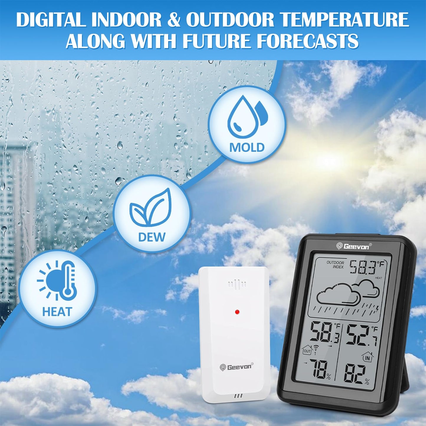Geevon Indoor Outdoor Thermometer Wireless 200ft/60m, Digital Temperature Humidity Monitor with Large Display, Hygrometer with Weather, 3 Channel, Mold/Dew/Heat, 10s Backlight