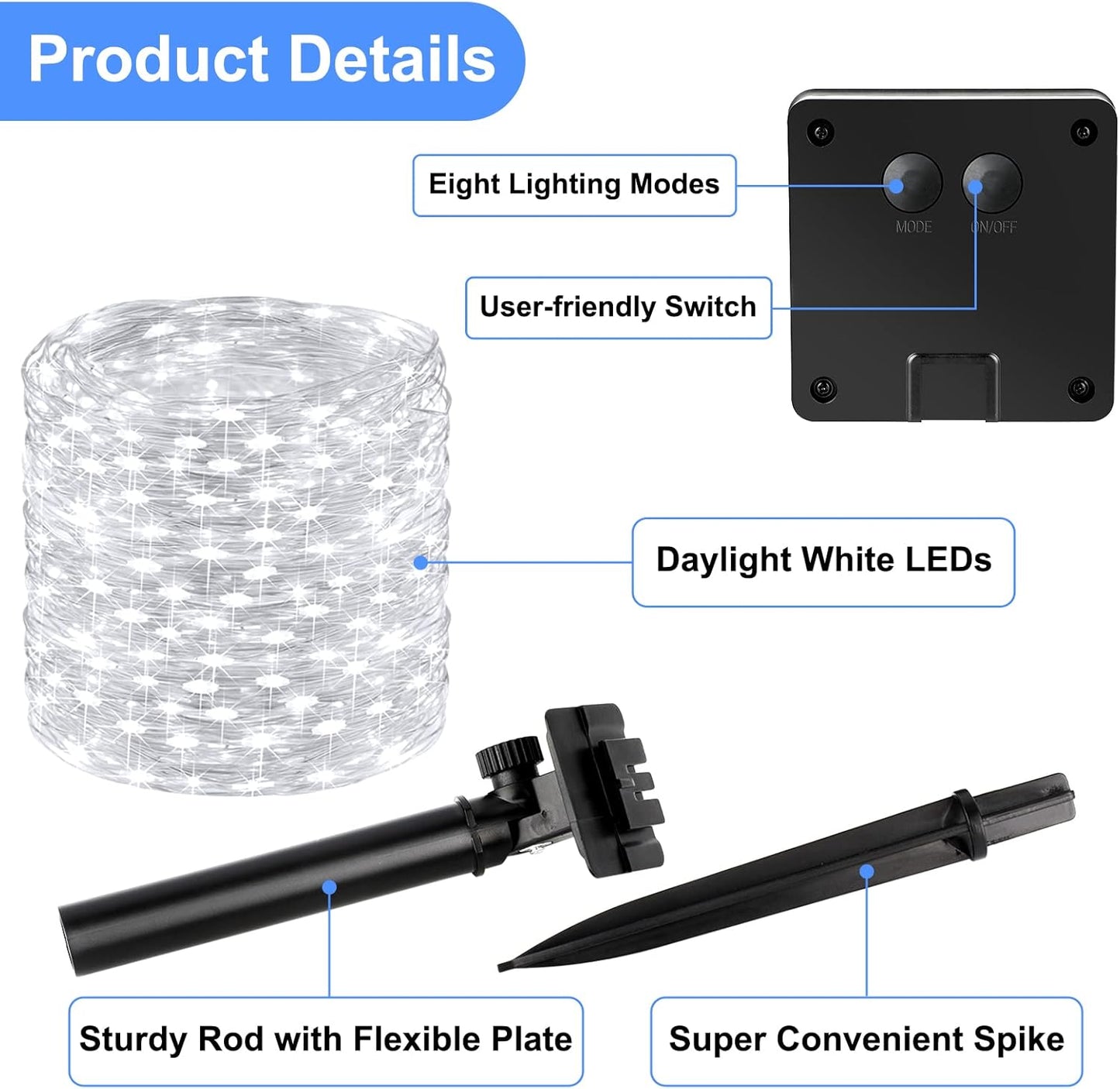 Brightever Solar Outdoor LED String Lights 288Ft Waterproof, 4-Pack Each 72FT 200 LED Solar Powered Fairy Lights with 8 Modes, Outside Twinkle Lights for Backyard, Balcony, Christmas (Daylight White)