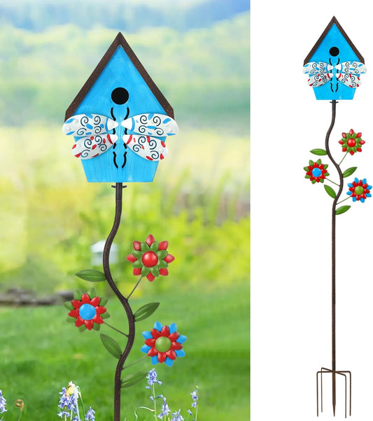51” Bird Houses Stake for Outside, Metal Wild Bird Feeder Birdhouse Stake Pole with Dragonfly Design Outdoor Decorations for Patio, Backyard, Garden