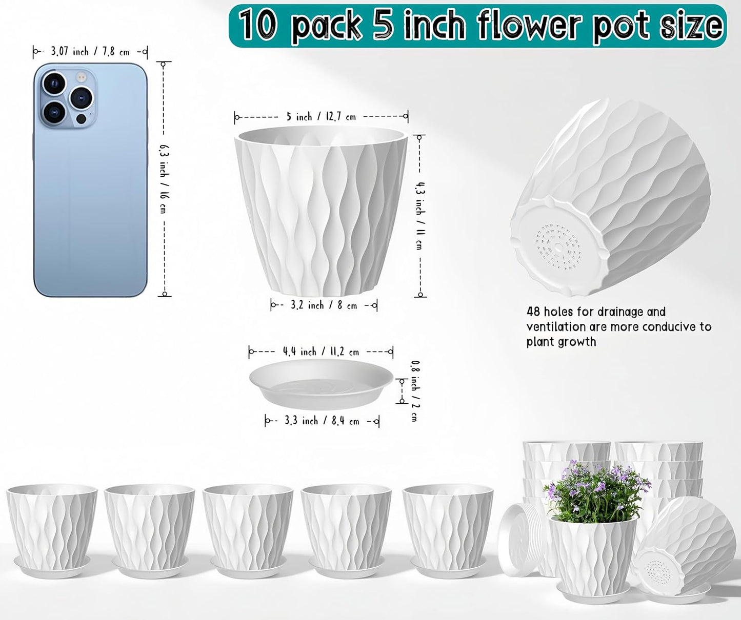 10 Pack 5 Inch Plant Pots with Drainage and Saucers, White Plastic Flower Pots for Indoor and Outdoor Plants, Stackable Nursery Planters for Houseplants and Herbs, White