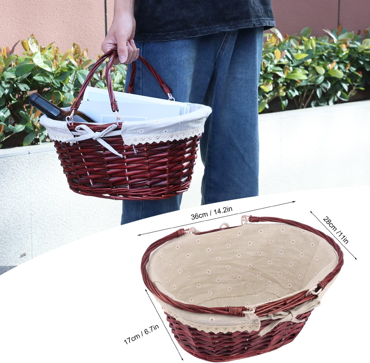 Large Wicker Basket with Handle, 14.2 x 11 x 6.7 inch Wicker Picnic Basket with Liner, Empty Gift Basket, Oval Willow Woven Basket for Fruit, Candy, Wine, Gathering, Wedding, Picnic, by GNIEMCKIN.