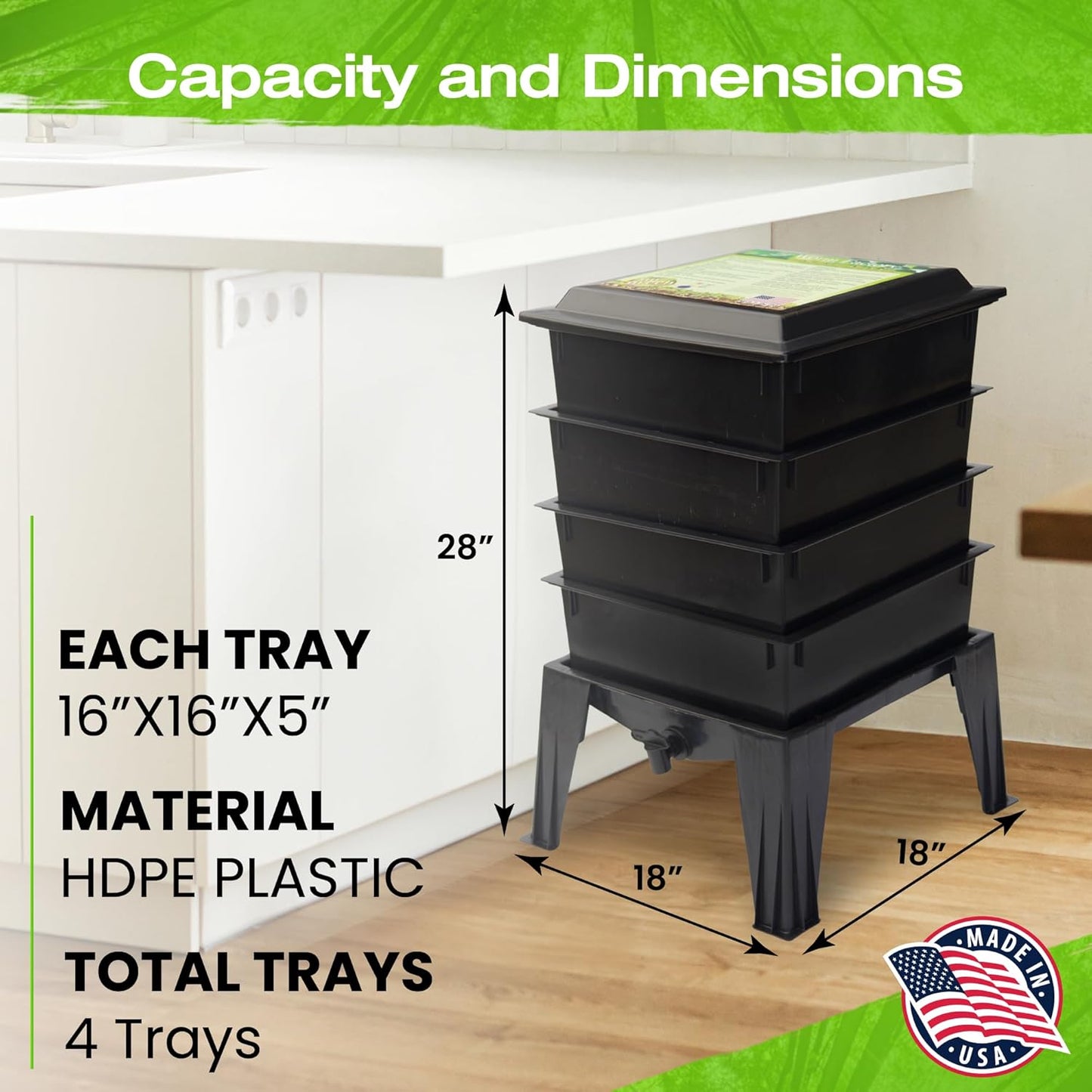 Worm Factory® 360 Black US Made Composting System for Recycling Food Waste at Home – 4 Trays for Efficient Vermicomposting – Durable, Space-Efficient Design, Easy to Assemble, No Odor