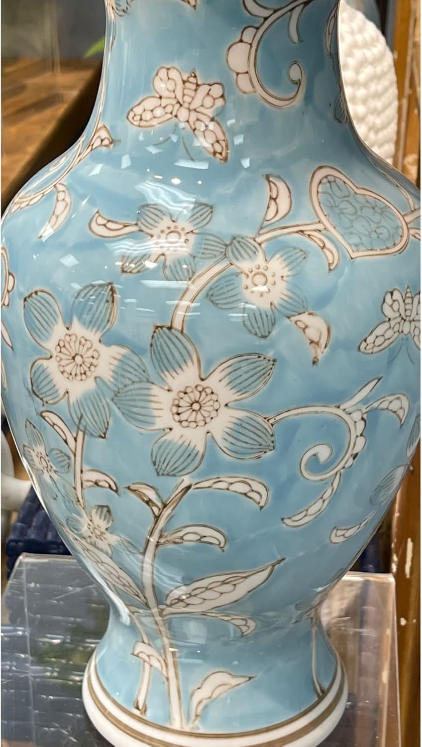 Galt International Light Blue and White Flower & Heart Chinoiserie Ceramic Vase 14"- Hand Painted Antique Style Porcelain Flower Bottle Fishtail Porcelain Chinese Vase for Home Decor Centerpiece
