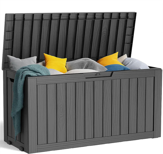 75 Gallon Resin Deck Box, Lockable Patio Outdoor Storage Box for Furniture, Garden Tools and Tools Storage, Waterproof Outside Storage Boxes - Black