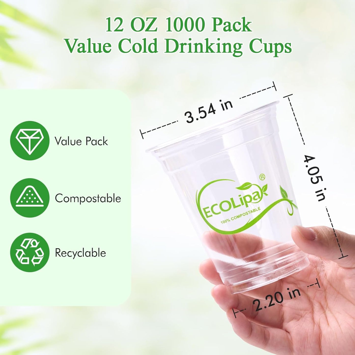 ECOLipak 1000 Count 12 OZ Clear Compostable Plastic Cups, Disposable Plant-Based Biodegradable Drinking Party Cups, PLA Plastic Cold Tumblers for Restaurant, Office, Canteen, Large Gathering