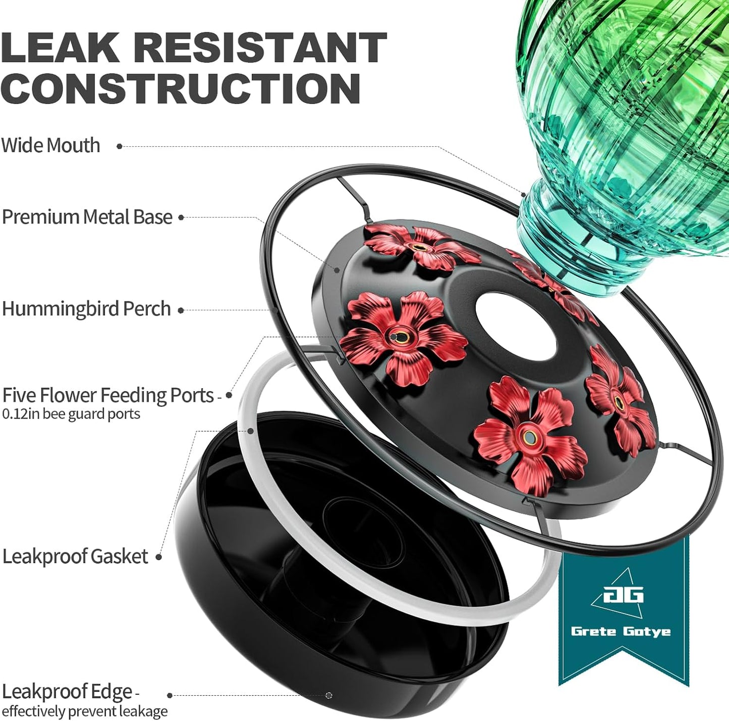 Glass Hummingbird Feeder for Outdoors Hanging, Bird Nectar Feeder with Perch & 5 Flower Feeding Ports, 26 Oz Leak Proof for Outside Garden Decor Backyard, Gifts for Women Mom, Green & Blue