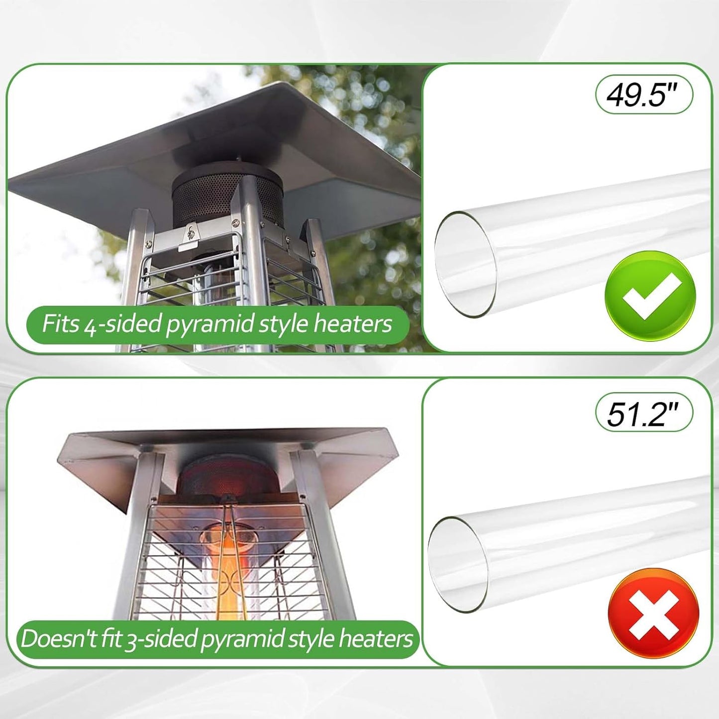 Patio Heater Glass Tube Replacement,49.5" Tall 4" Diameter with Silicone Connecting Ring Compatible with Four-Sided Pyramid Flame Outdoor Heater, Glass Tube Patio Heater for Hiland, Fire Sense