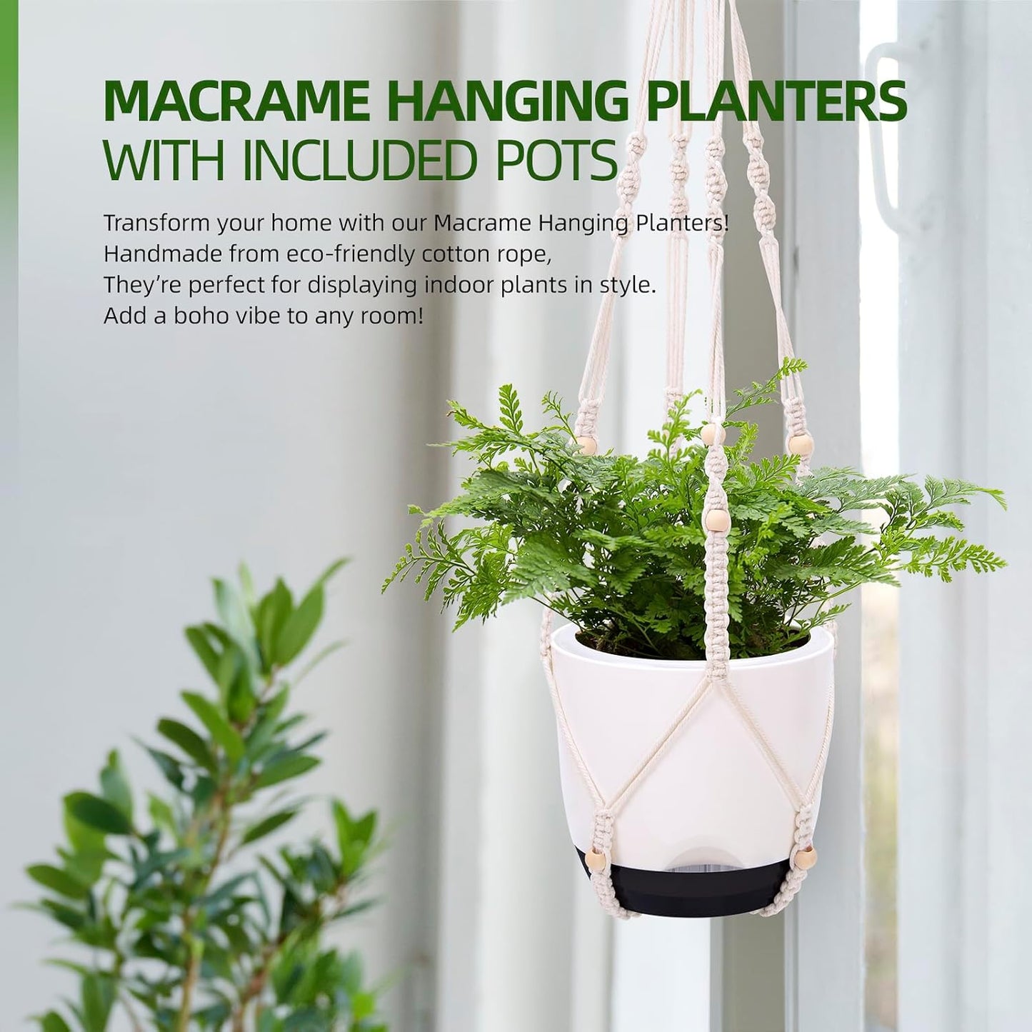 2-Pack Self-Watering Hanging Planters for Indoor & Outdoor Plants,34-Inch macrame hanger plant pots indoor with drainage,5.7-Inch Small Hanging Planters & Baskets in Black,With two sets of hooks