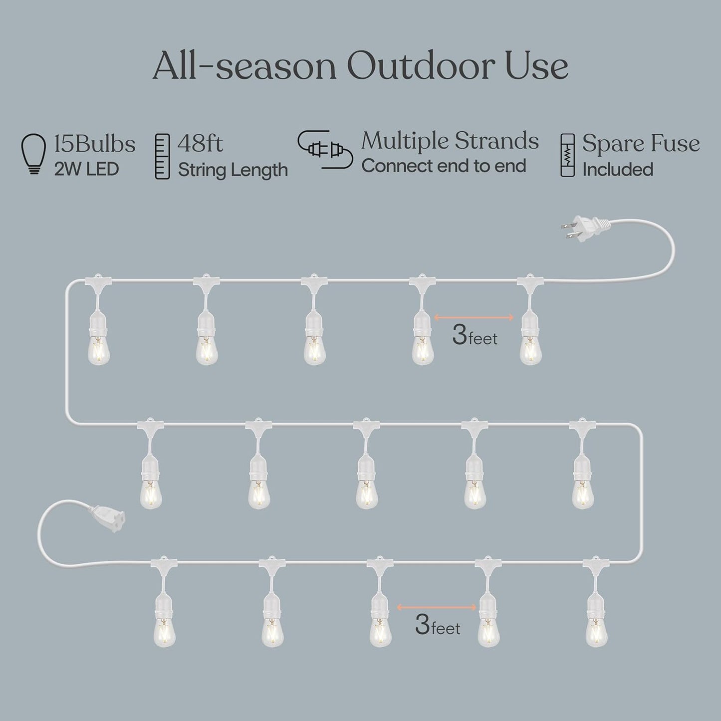 Brightech Ambience Pro Waterproof LED Outdoor String Lights, 48 Ft, Hanging, Dimmable Vintage Edison Bulbs, 15 Bulbs, 2W