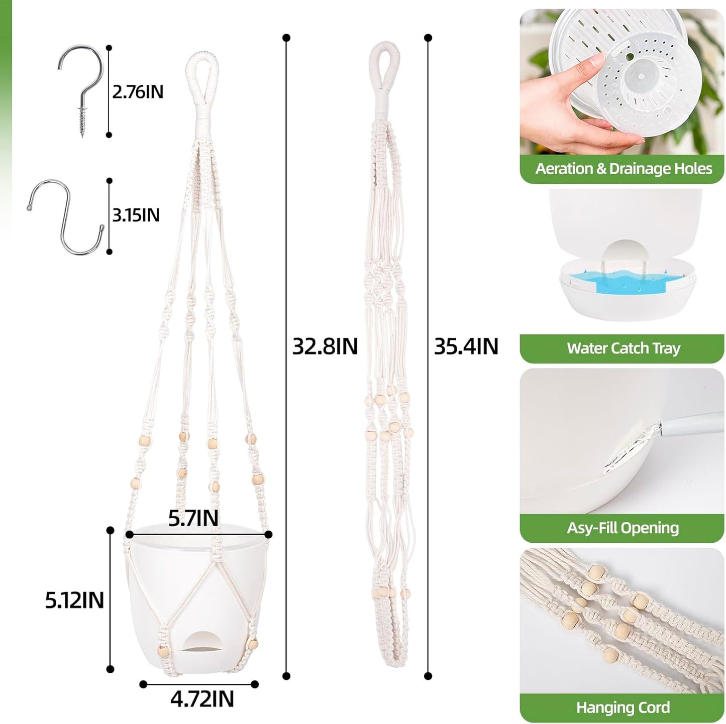 2-Pack 5.7-Inch Self-Watering Hanging Planters for Indoor & Outdoor Plants,34Inch Macrame Hanger Plant Pots Indoor with Drainage,Small Hanging Planters & Baskets,With Two Sets of Hooks（Pure white）