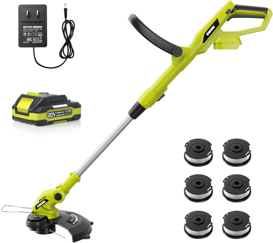 EWORK 20V Electric Weed Wacker 12-Inch Trimmer and Edger with Auto Line Feed, Cordless String Trimmer with 2.0Ah Battery and Charger & 6 Replacement Spools for Lawn, Garden, Yard, etc