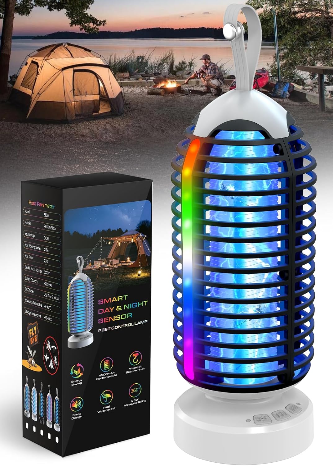 (2 Pack) Bug Zapper Outdoor with Marquee Light, Cordless Mosquito Zapper, 4000mAh Rechargeable Bug Zapper Indoor, Auto On/Off Waterproof Mosquito Trap Fly Zapper for Patio Backyard Kitchen Camping
