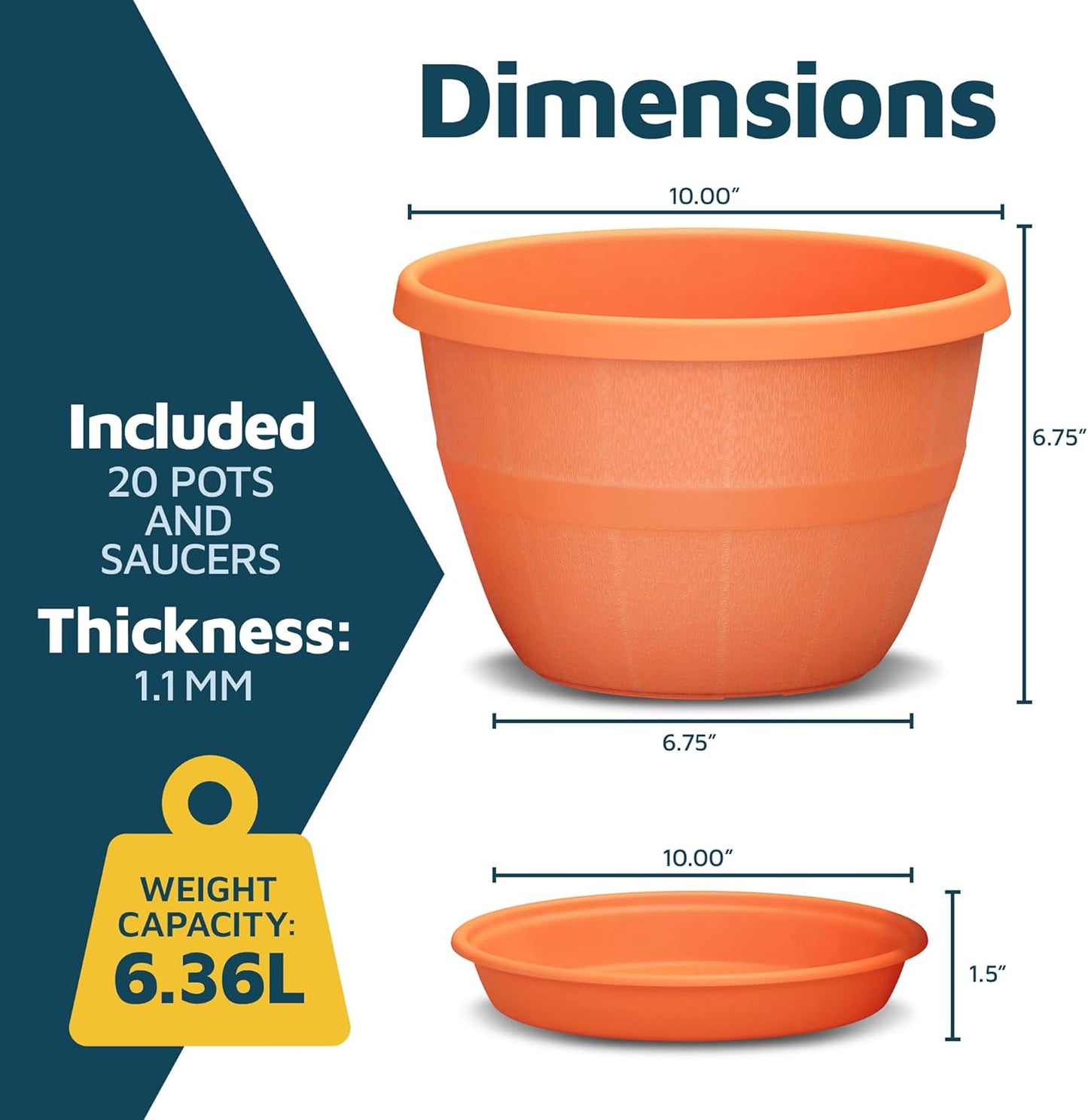 10-Inch Whiskey Barrel Planters Outdoor Pack of 20 - Durable Plastic Plant Pots for Indoor & Outdoor Use with Drainage & Saucer, Lightweight Rustic Barrel Planters for Flowers, Herbs & Small Plants