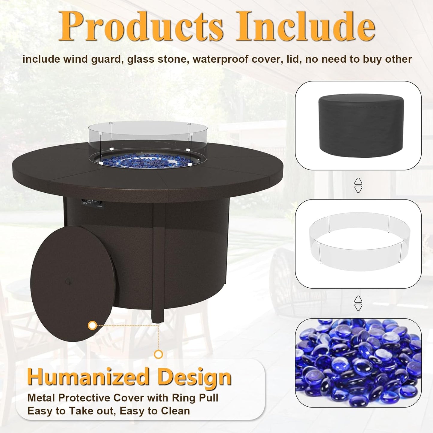 Kurapika Propane Round Fire Pit Table 48in, 40,000 BTU Auto-Ignition Round Gas Fire Pits, CSA Certification, Wider Desktop Round Fire Tables with Windshield, Blue Stone and Lid, for Outside Patio