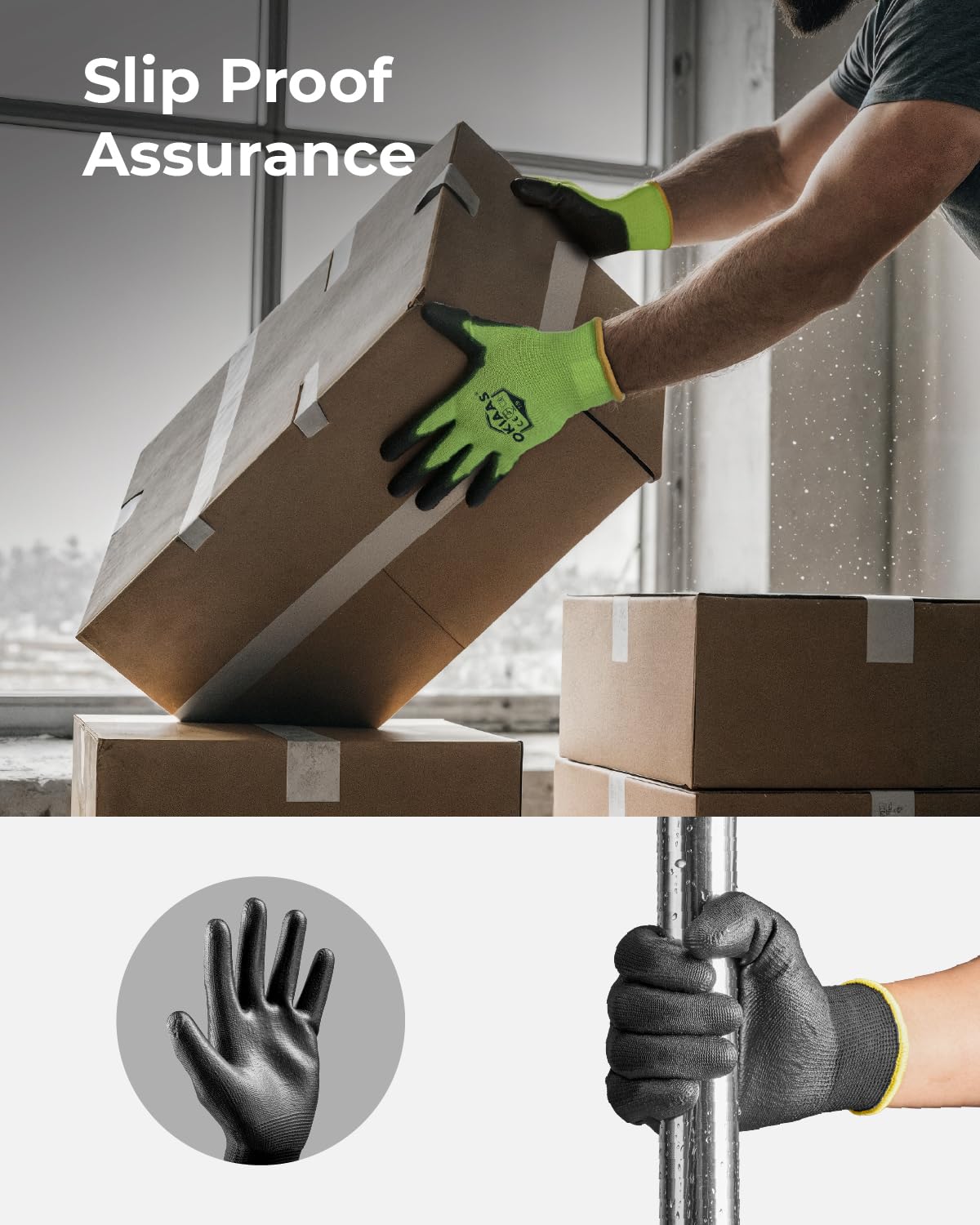 OKIAAS Work Gloves for Men，Ultra Thin and Lightweight Working Gloves with Grip, 12 Pairs Bulk Pack Construction Gloves with Polyurethane Coating for Light Duty Work (Black, XX-Large)