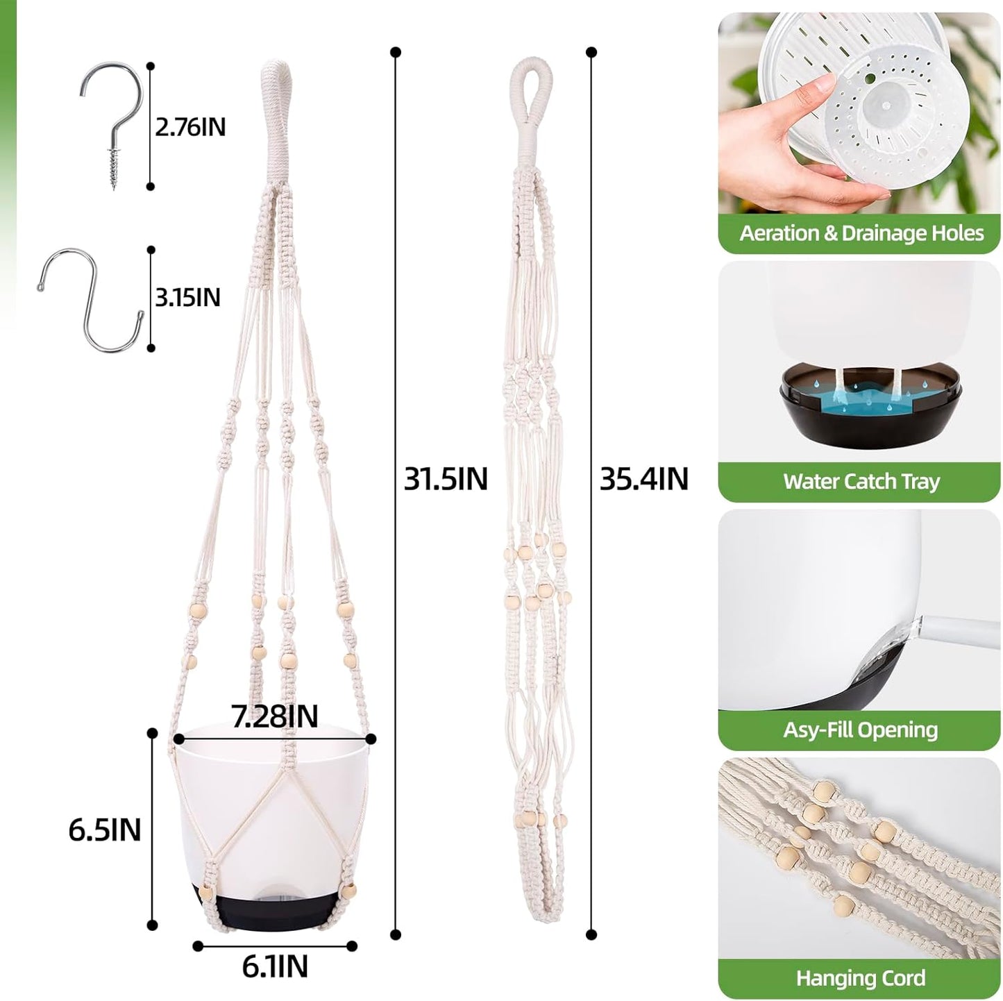 2-Pack 7.2-Inch Self-Watering Hanging Planters for Indoor & Outdoor Plants,34-Inch macrame hanger plant pots indoor with drainage,Small Hanging Planters & Baskets in White,With two sets of hooks