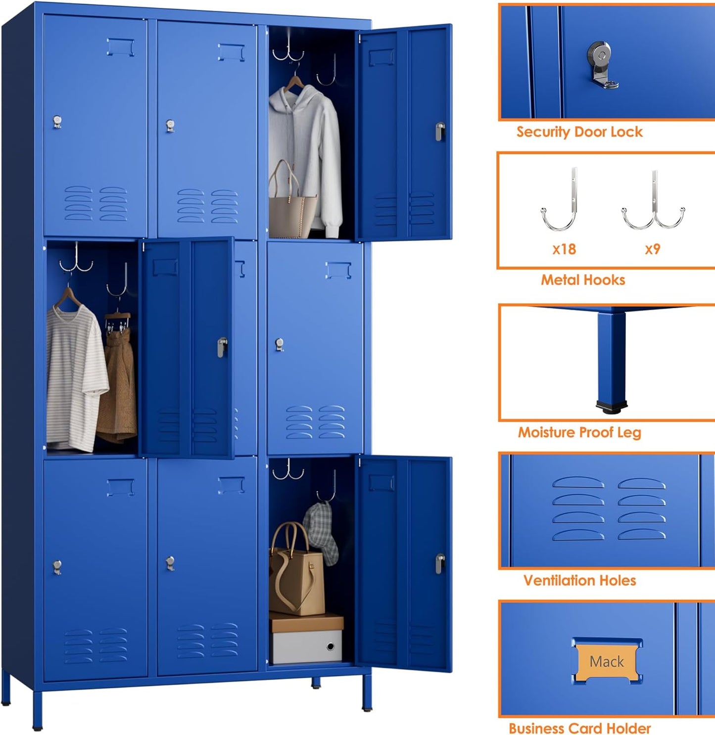 9 Doors Metal Lockers for Employees with 27 Hooks, Storage Locker with Business Card Holder for Office Gym School Bedroom, Assembly Required, Blue
