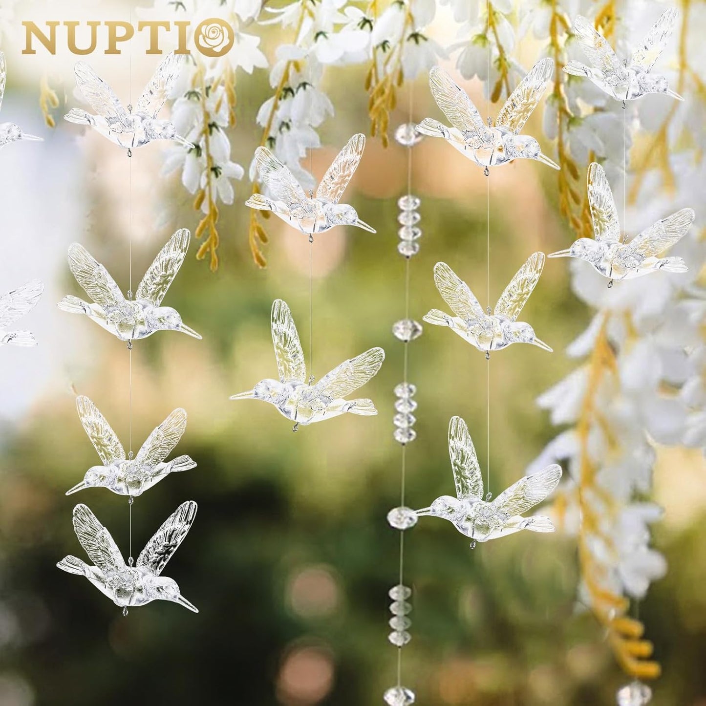 NUPTIO Crystal Ceiling Hanging Ornaments: 30 Pcs Acrylic Flying Birds for Wedding Party Window Garden Bedroom Outdoor Birthday - Christmas Tree Decorations with Transparent Line