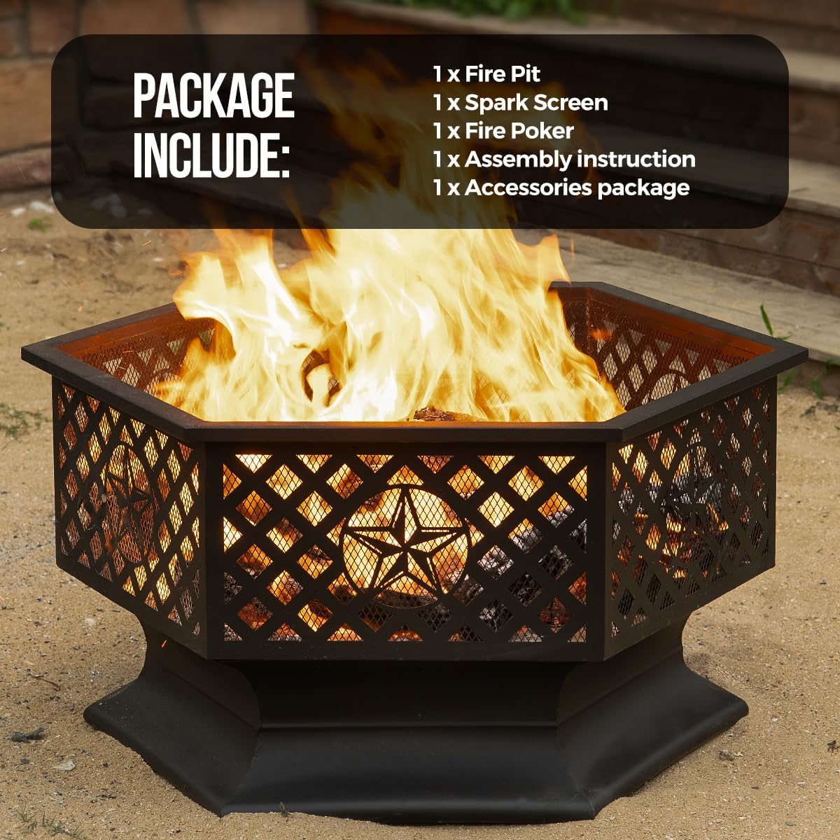 33 Inch Outdoor Fire Pit, Hexagon Shaped Wood Burning Fire pits for Outside, Metal Firepit with Fire Poker&Mesh Cover for Bonfire, Patio, Yard, Garden,Beach and Camping (33'' Black)