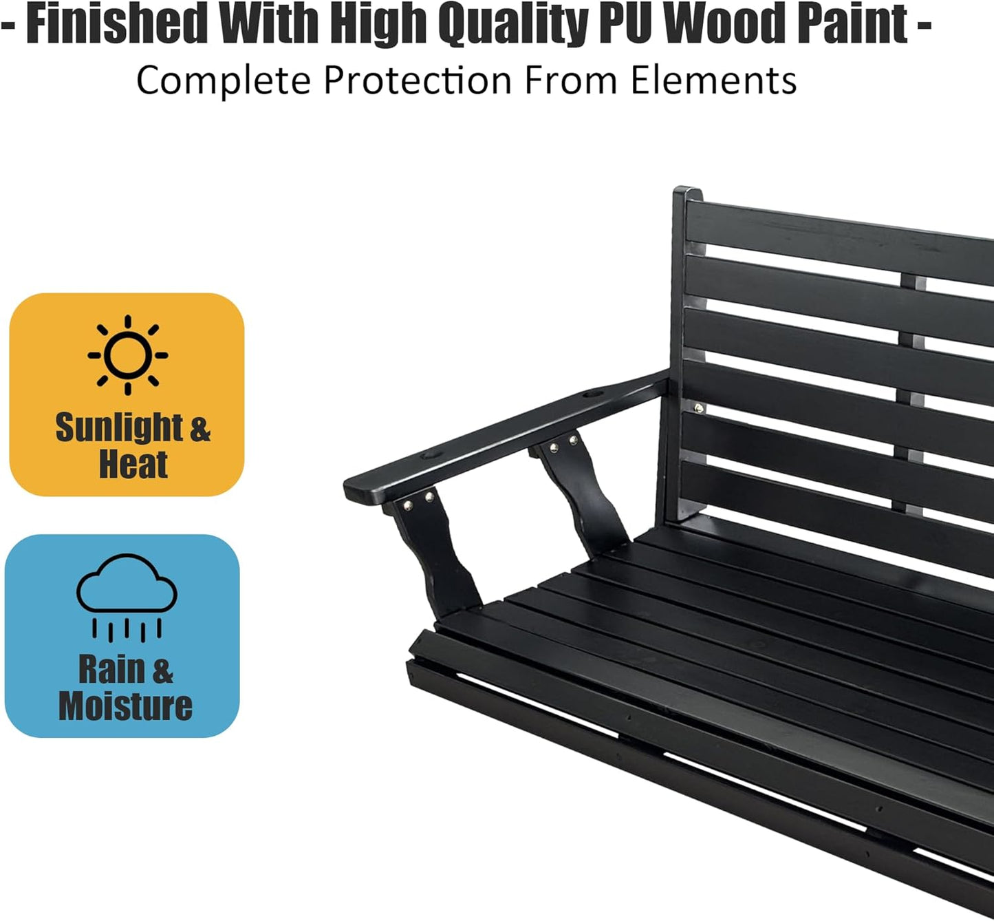 Wooden Porch Swing, Ergonomic Seat, Bench Swing with Hanging Chains and 7mm Springs, Heavy Duty 880 LBS, for Outdoor Patio Garden Yard (Matte Black, 3-Seater Extra Large)