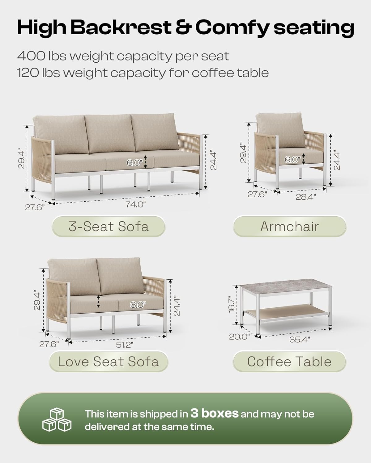 Aluminum Outdoor Patio Furniture Set, HDPE Rope 4 Piece Modern Sectional Conversation Sets with Dual-Layer Coffee Table, All Weather Patio Couch Sofa with Thick Cushions, Silver Frame, Beige