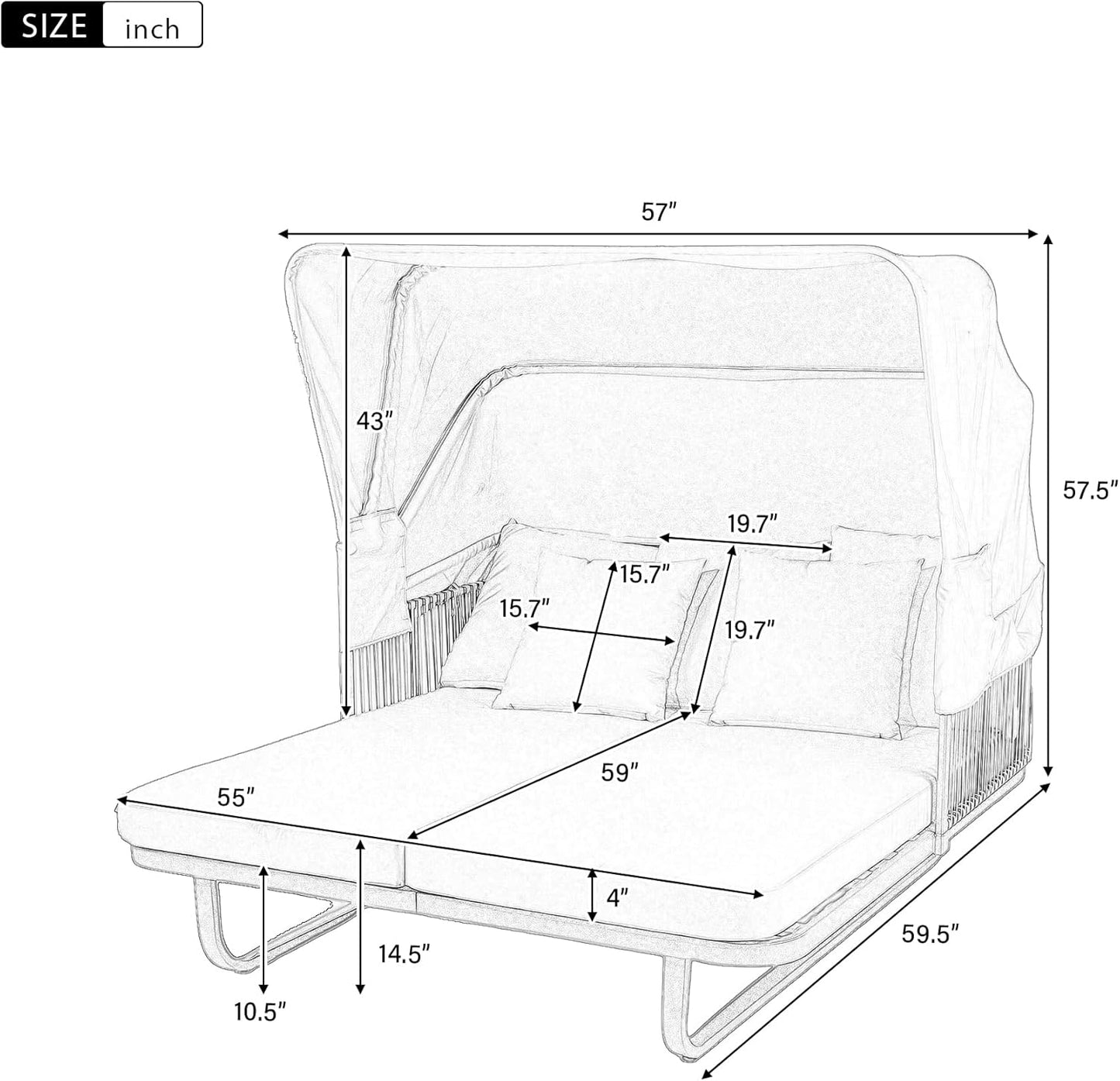 kevinplus Outdoor Patio Sunbed Daybed Double Lounge with Adjustable Canopy for Garden Backyard Pool, Iron Frame & Rattan Material & Moveable Cushion Cover, Gray