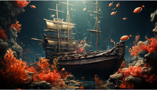 Pirate Shipwreck Aquarium Background Under The Sea Coral Reefs Fish Tank Background Underwater Sunken Ship Landscape Terrarium Background Tropical Sea Marine Life Aquarium Tank Background 48x20in
