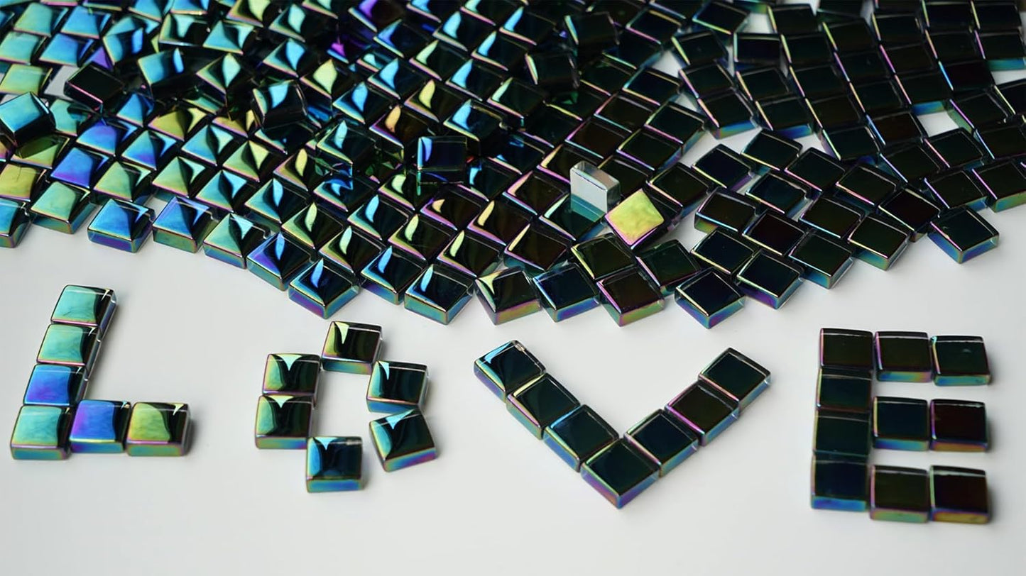 Iridescent Square Mosaic Tiles for Crafts, 300G Small Crystal Mosaic Glass Pieces Bulk for Mosaic Beginner, 0.41”x0.41” Tile for Art Glass Project, Ideal for Handmade Mosaic Home Decor, Black