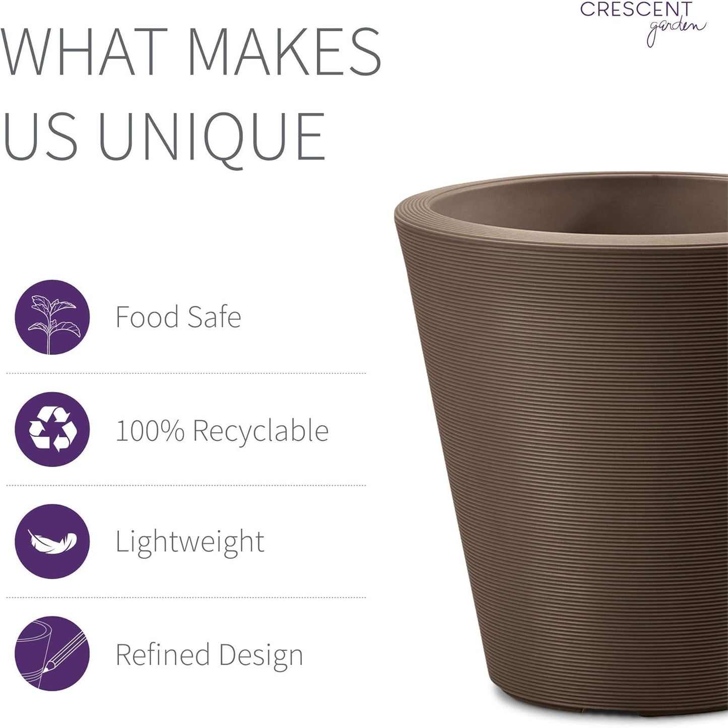 Crescent Garden Madison Planter– Weather-Resistant, Double Walled Indoor/Outdoor Plant Pot with Drain Hole – Durable All-Season Flower Container, 16" W (Bark)