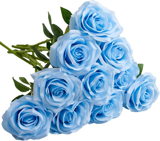 Artificial Rose 10pcs Open Flower Bouquet Faux Rose Stems for Wedding Arrangement, Bridal Bouquet, Centerpiece, Fake Faux Silk Flowers (Blue)