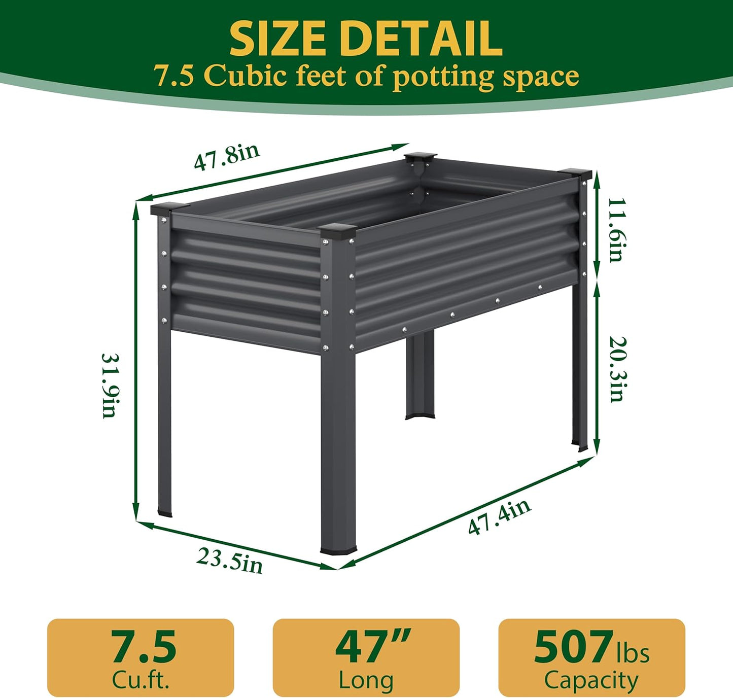 MUPATER Galvanized Steel Raised Garden Bed with Legs, 47.8" L x 23.5" W x 31.9" H Large Metal Elevated Raised Planter Box with Detachable Black Liner for Backyard, Patio, Balcony, Gray