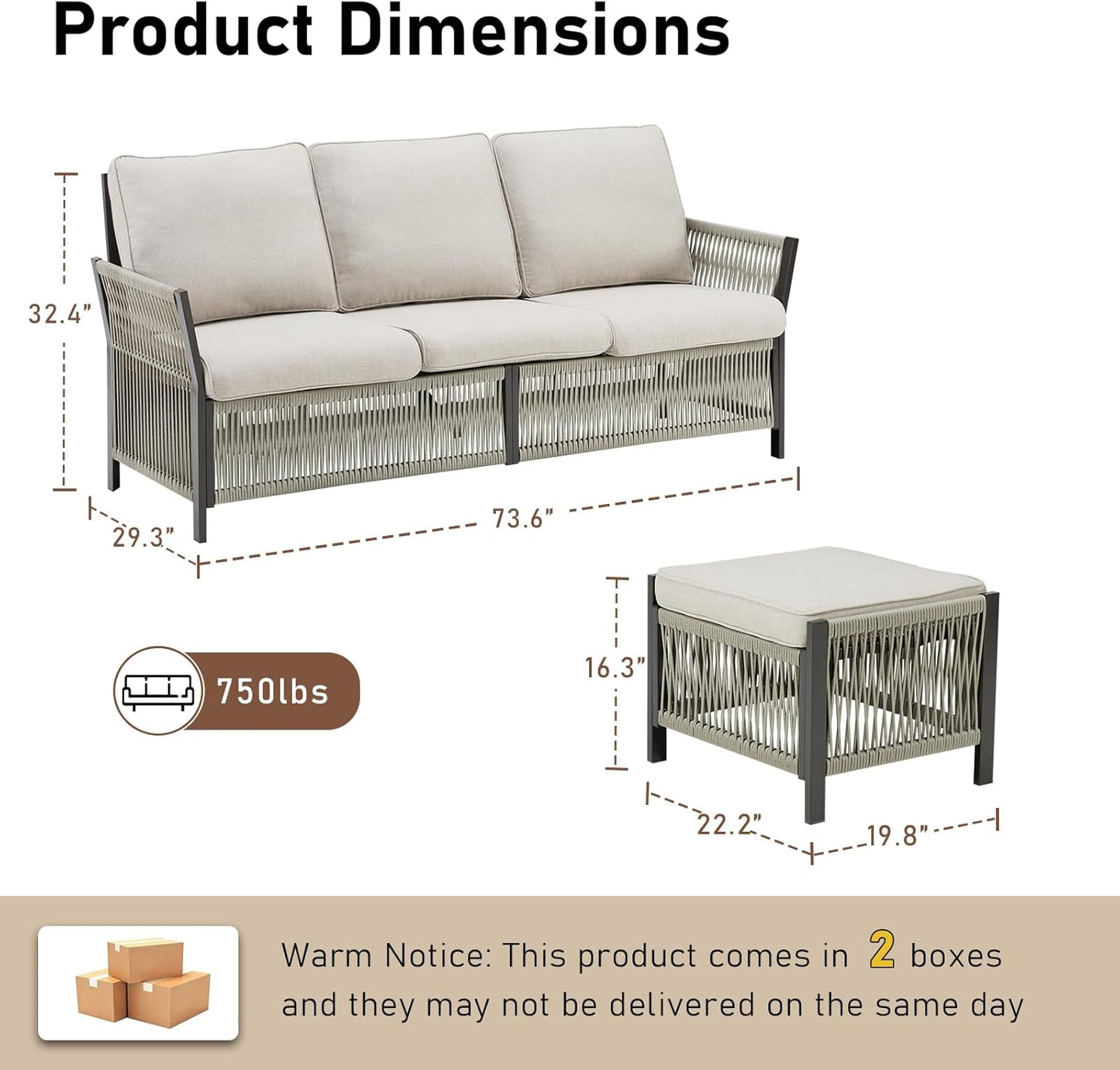 3 Pieces Patio Furniture Set, Outdoor Sectional Wicker Patio Couch with Ottoman & Washable Cushions All-Weather PE Rattan Patio 3-Seating Sofas for Garden, Porch, Backyard - Beige