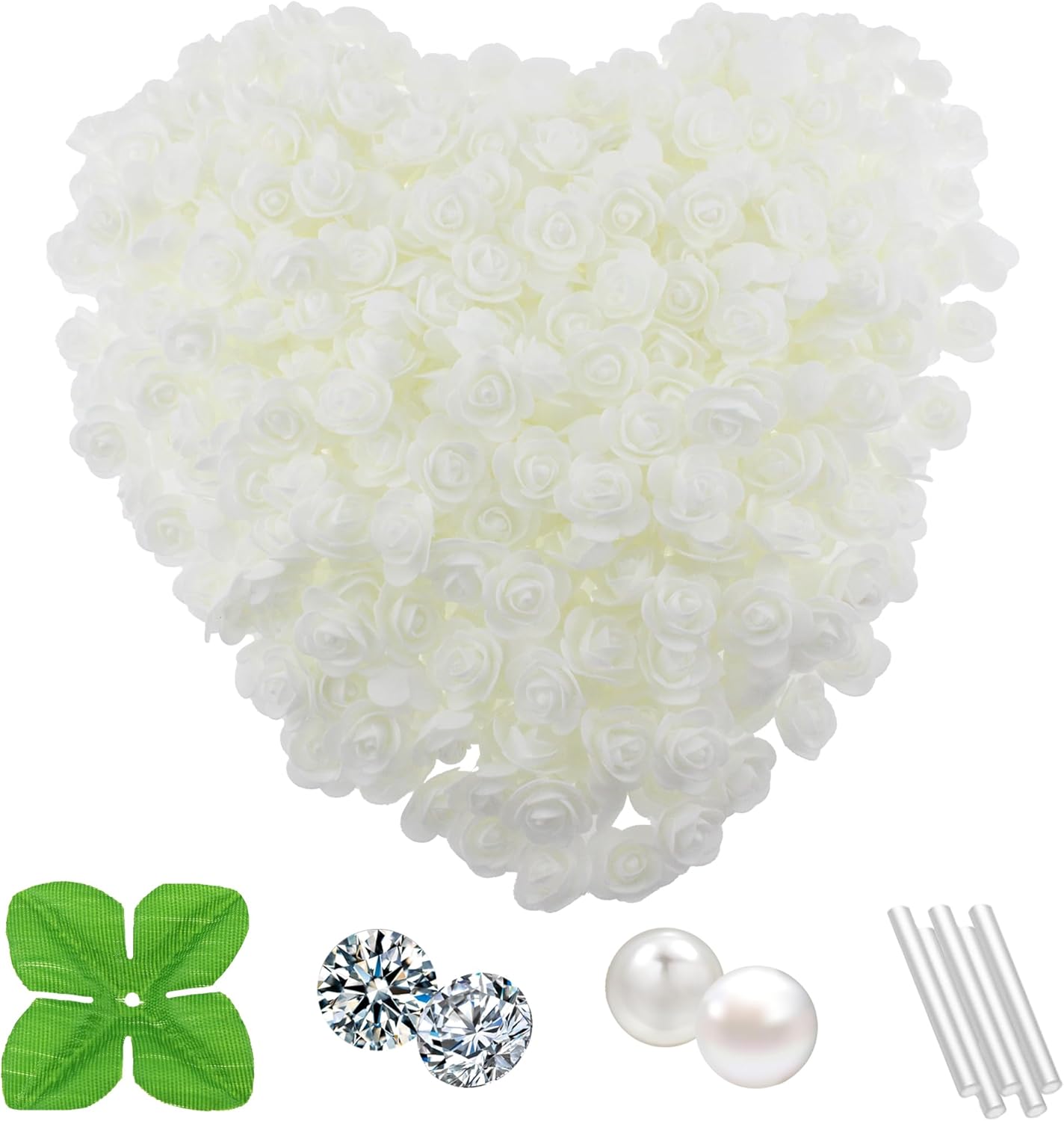 500 Pcs 1.4 Inch Mini Artificial Flowers Head Bulk 5 in 1 Set Faux Foam Fake Small Rose Tiny Baby Flores Bouquet Cake Gift Home Decoration DIY Craft (White)