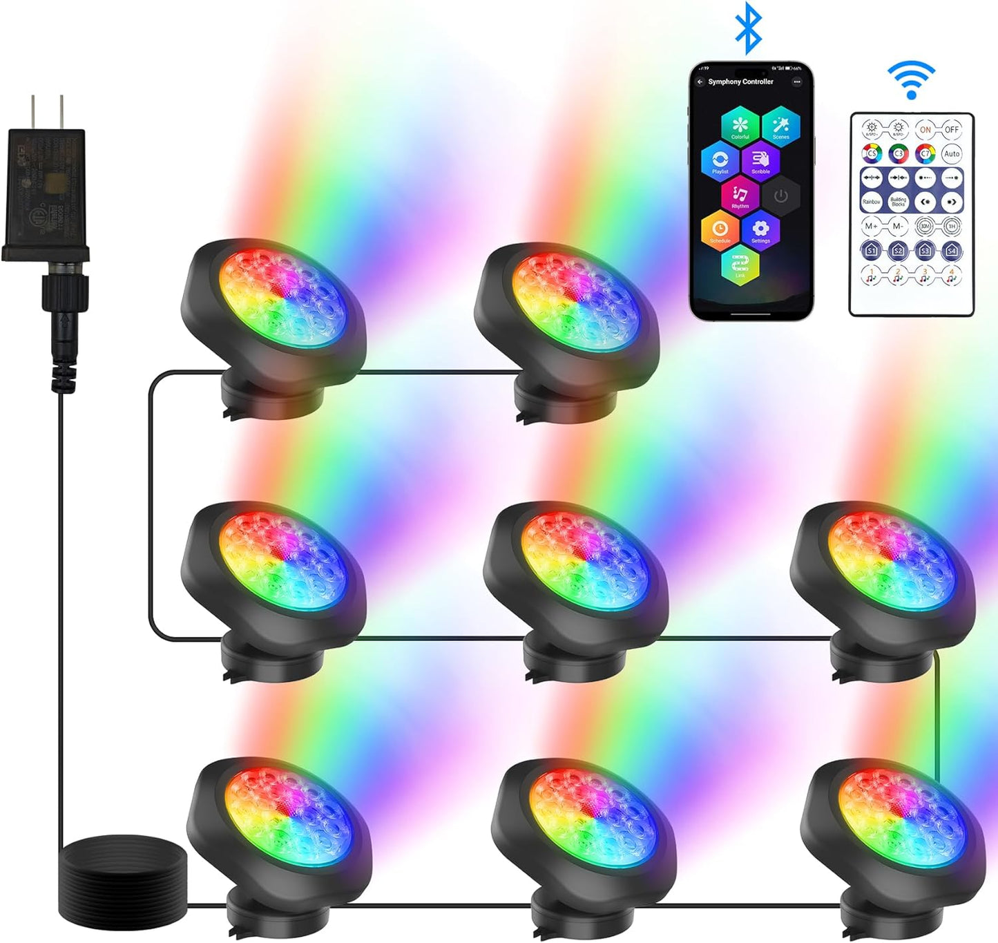 RGB Underwater Pond Lights, Super Bright 18 LED Submersible Fountain Lights Color Changing Spotlights, Bluetooth APP Control IP68 Waterproof for Fish Aquarium Tank Garden Yard Pool(Set of 8)