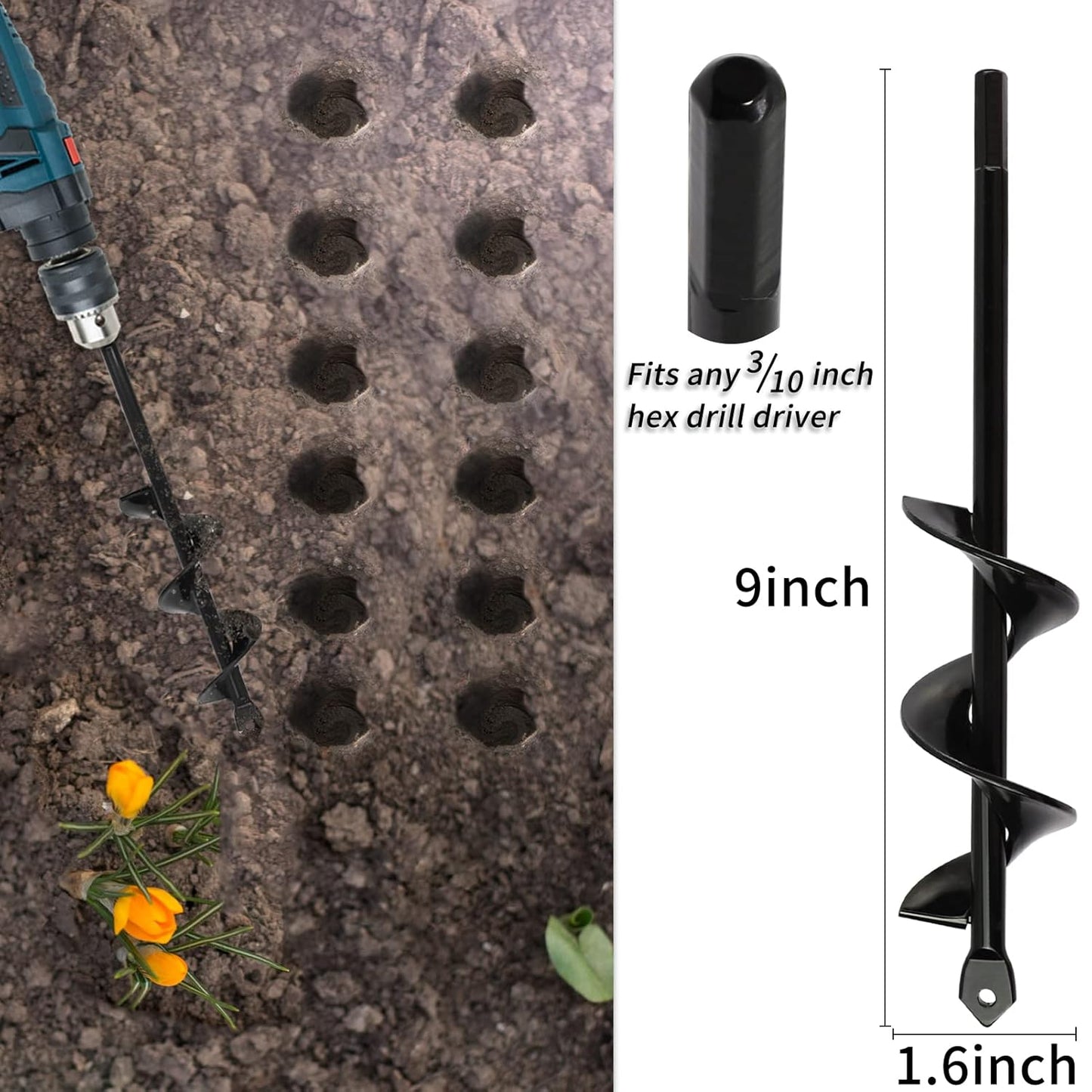 TCBWFY 4 Pack Garden Auger Spiral Drill Bits - 1.6"x9", 1.6"x16.5", 3"x16.5", 3"x12" - Heavy Duty Steel - Corrosion Resistant - Perfect for Post Holes, Earth & Lawn Augering,Planting Bulbs&Trees