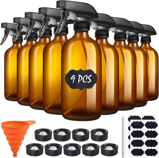 9 Pack Glass Spray Bottle 16oz, Empty Amber Spray Bottle Refillable Container for Essential Oils,Cleaning Products,Aromatherapy spray device
