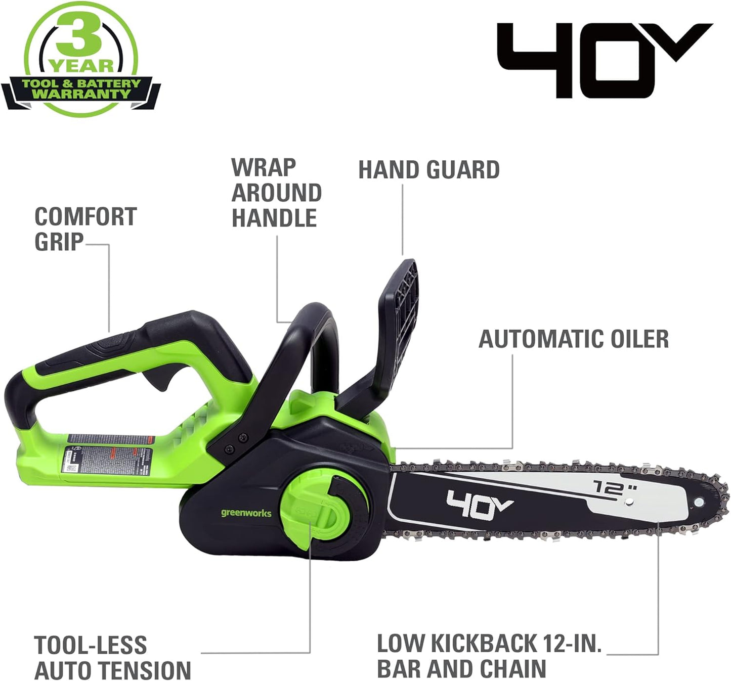 Greenworks 40V 12" Cordless Compact Chainsaw (Great For Storm Clean-Up, Pruning, and Camping), 2.0Ah Battery and Charger Included