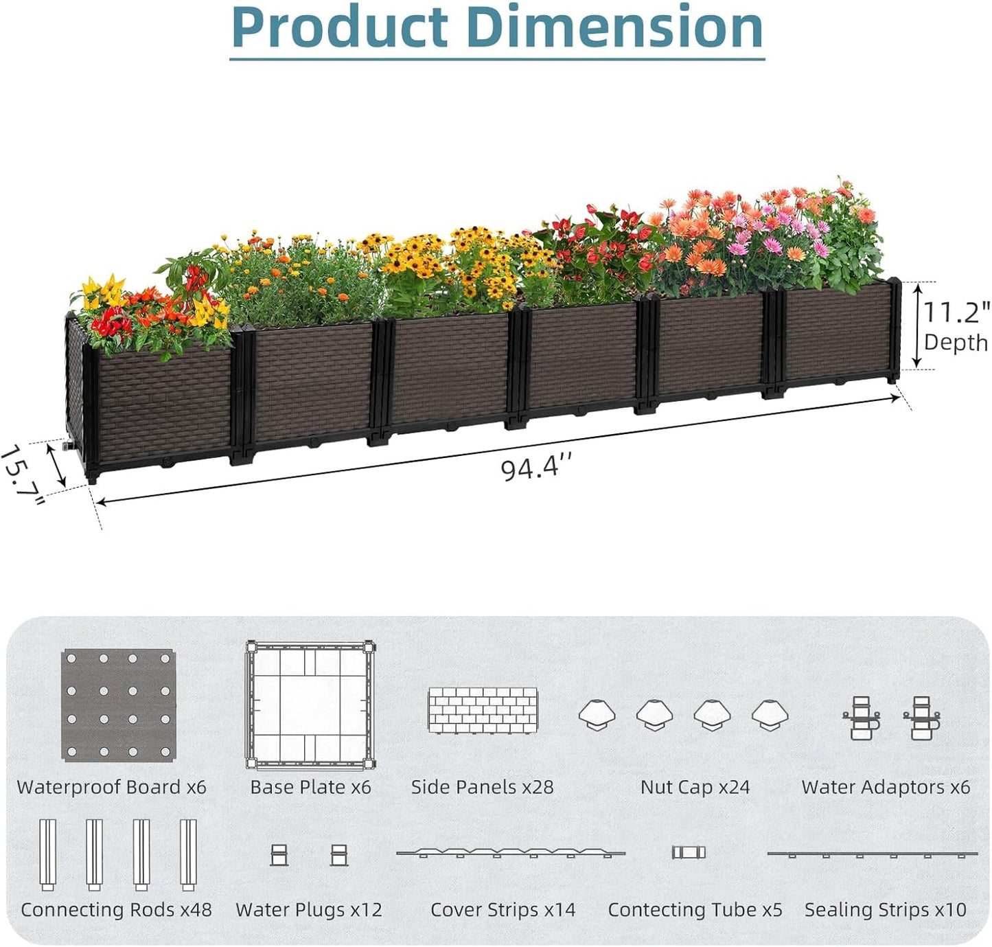Large Raised Planter Box Outdoor Self Watering 94.4"x15.7"x14.2", Deep Raised Garden Bed - Elevated Garden Box with Drainage Plug, Rectangular Garden Planter Perfect for Patio Balcony Deck