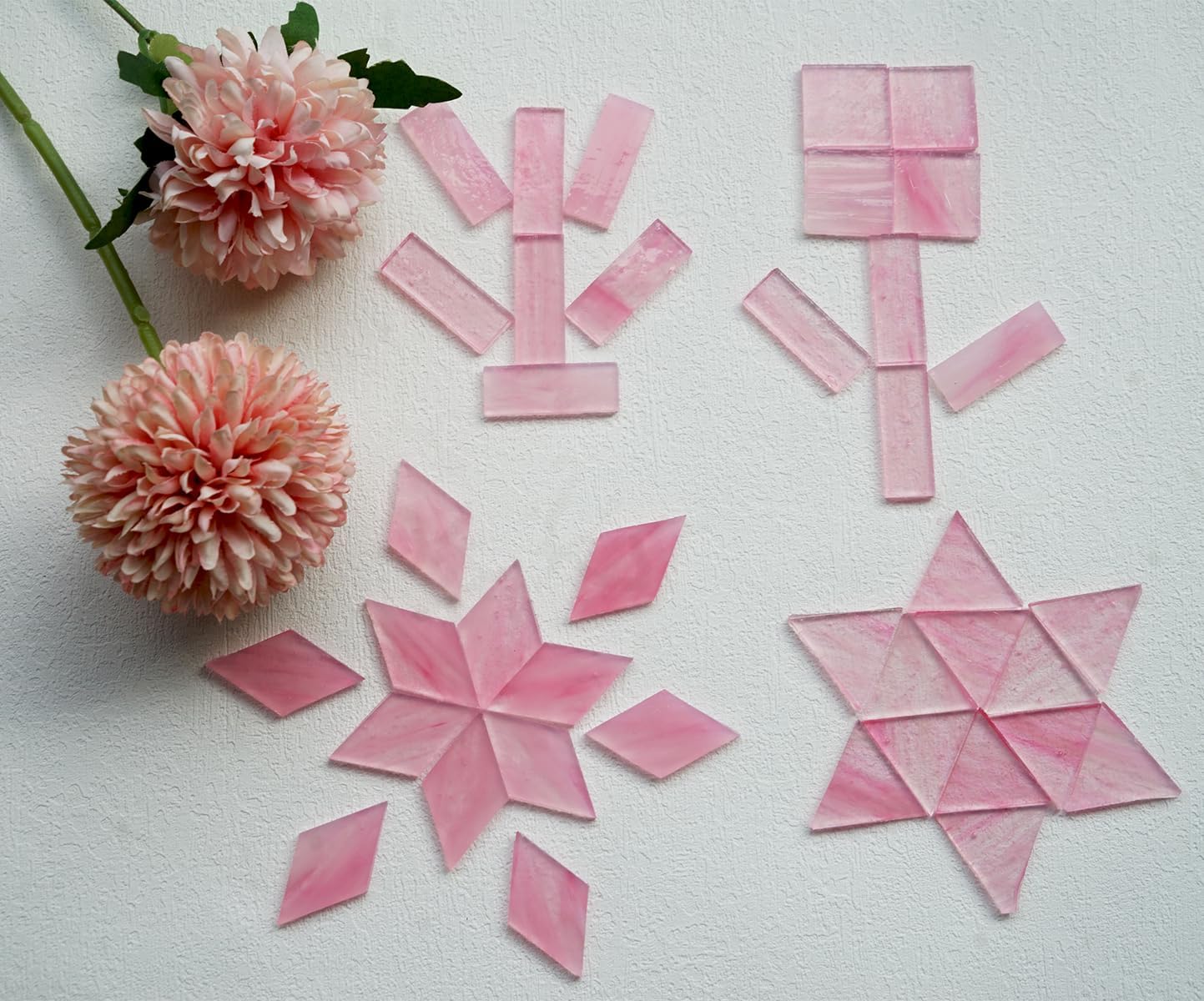 Crisp Texture Transparent Glass Mosaic Tiles, 200g Stained Glass Pieces, 4 Shapes Pre-Cut, Misty Pink
