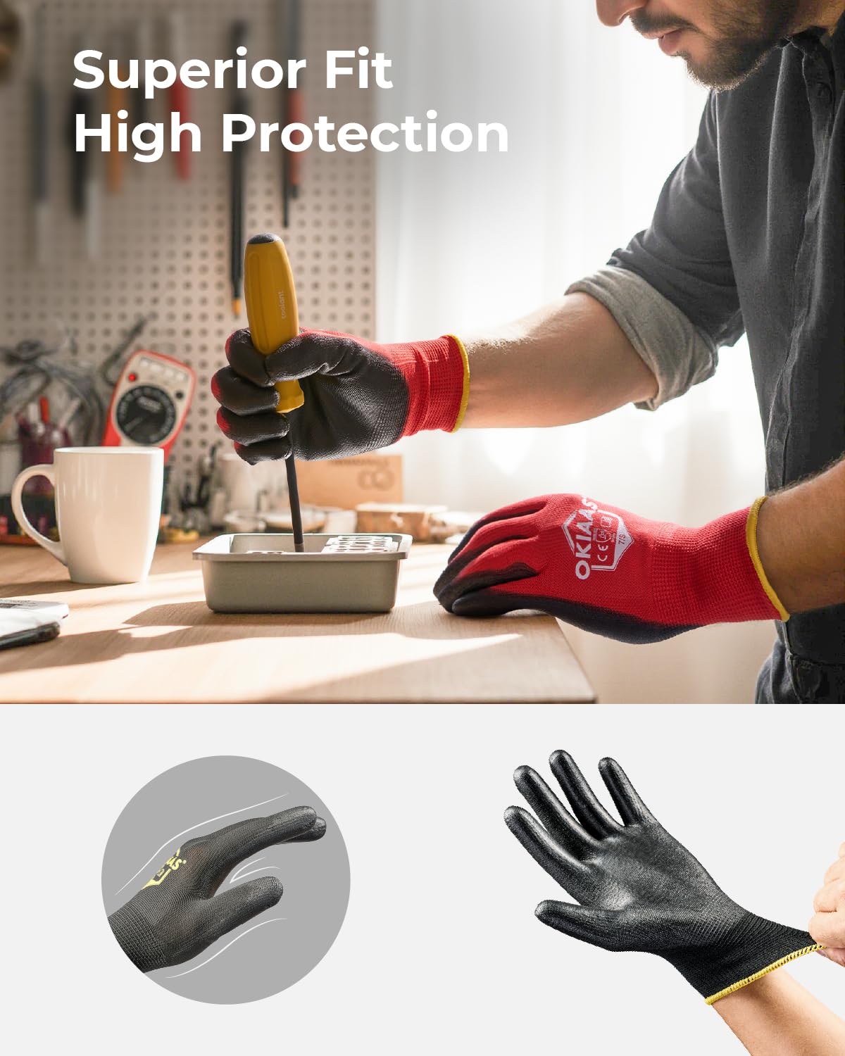 OKIAAS Work Gloves for Men，Ultra Thin and Lightweight Working Gloves with Grip, Bulk Case of 60 Pairs Construction Gloves with Polyurethane Coating, Safety Gloves for Light Duty Work (Black, Medium)