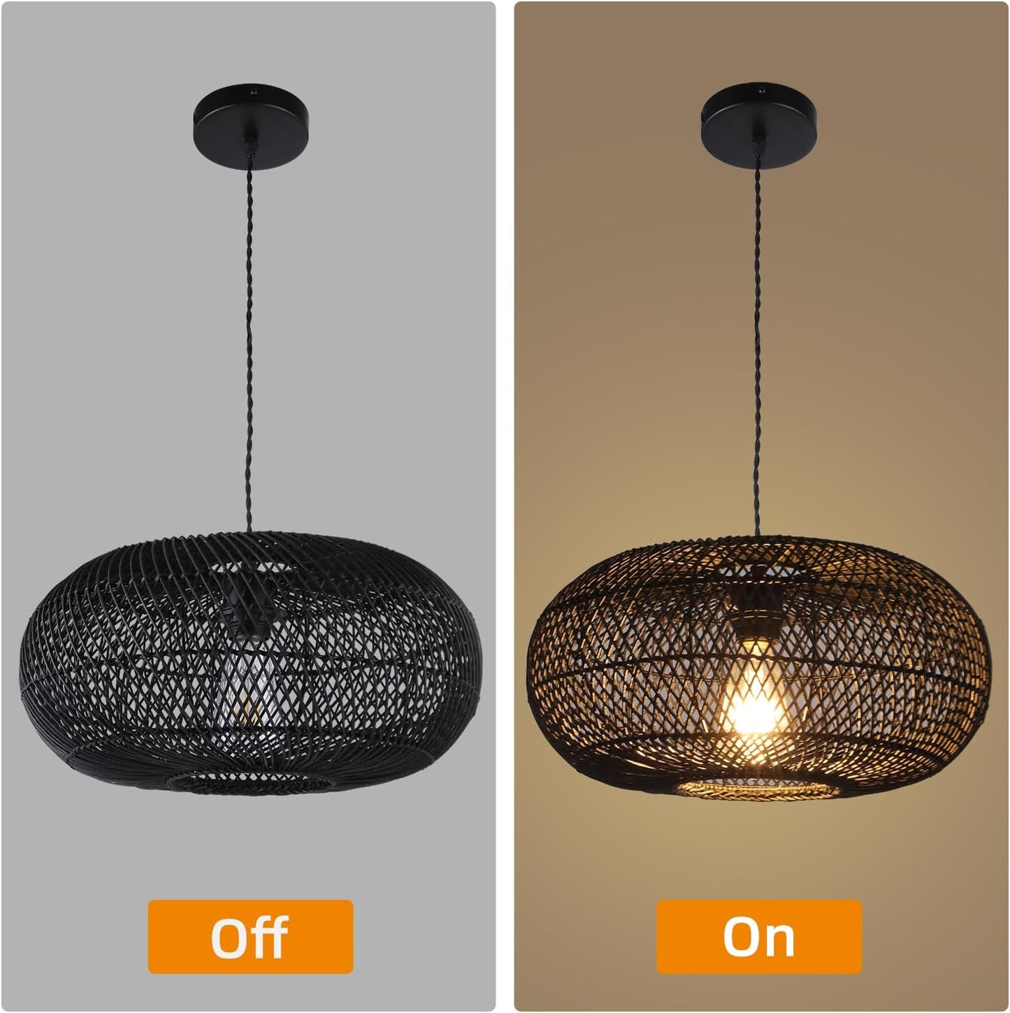 Rattan Pendant Light 15.75" 1-Light Hand-Woven Bamboo Rattan Hanging Lamp Large Globe Wicker Chandelier Modern Bohemian Adjustable Pendant Lamp for Kitchen Island Farmhouse Outdoor Porch Black.…